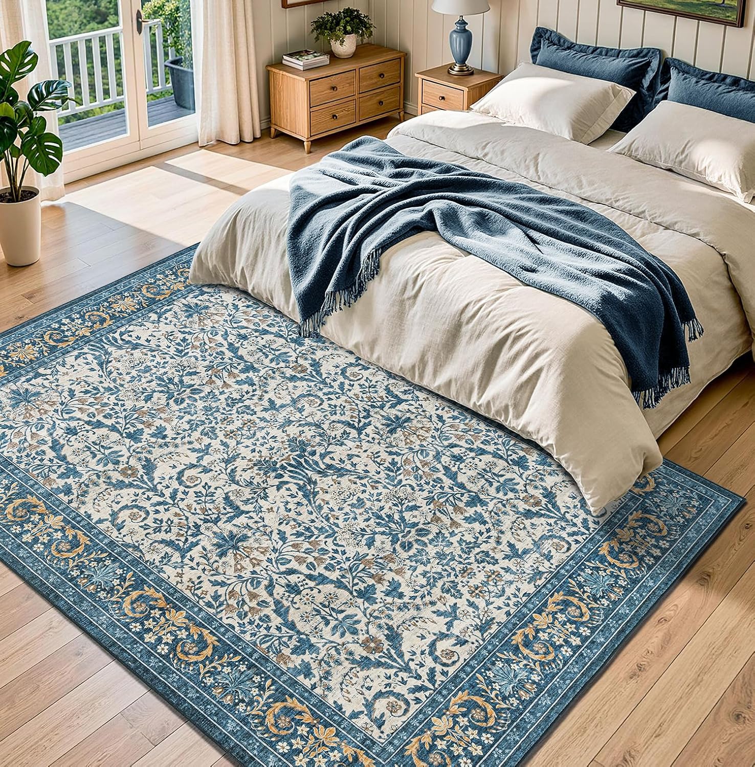 Woaboy Washable 5x7 Area Rug for Living Room Bedroom Dining Room Office, Non-Slip Low Pile Stain Resistant Soft Carpet for Vintage Floral Oriental Home Decor Blue