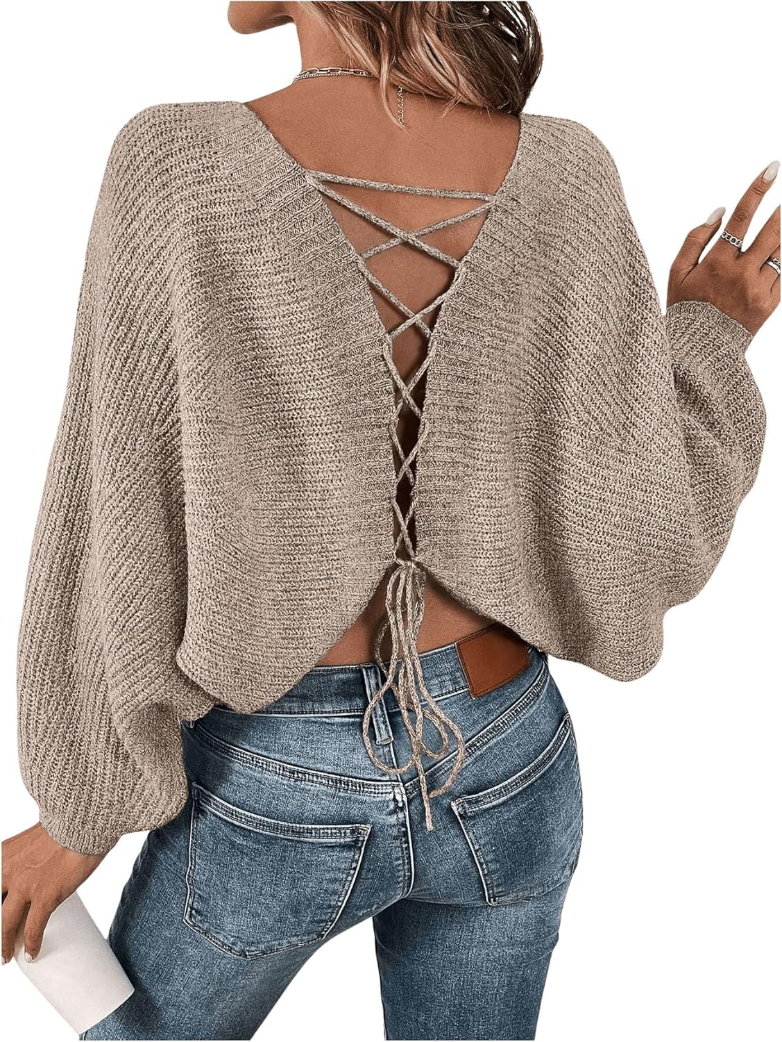 RoseSeek Women's Off Shoulder Lace Up Open Back Sweaters Long Sleeve Loose Pullovers Casual Knit Fall Tops
