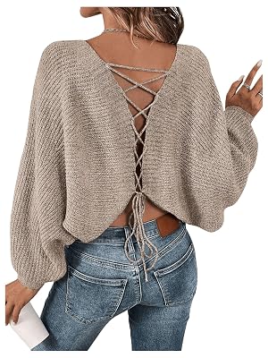 Womens Off Shoulder Lace Up Open Back Sweaters Long Sleeve Loose Pullovers Casual Knit Fall Tops
