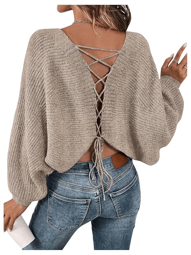 Womens Off Shoulder Lace Up Open Back Sweaters Long Sleeve Loose Pullovers Casual Knit Fall Tops