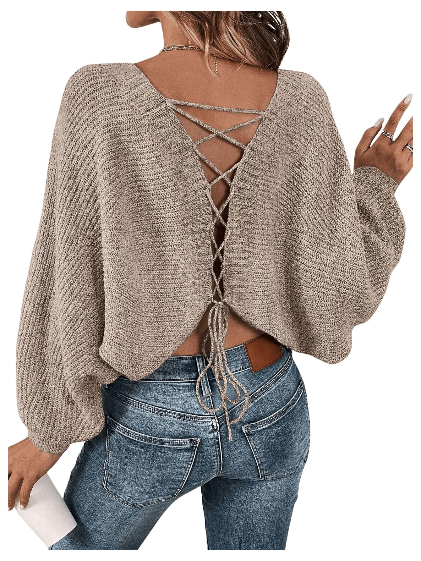 Womens Off Shoulder Lace Up Open Back Sweaters Long Sleeve Loose Pullovers Casual Knit Fall Tops