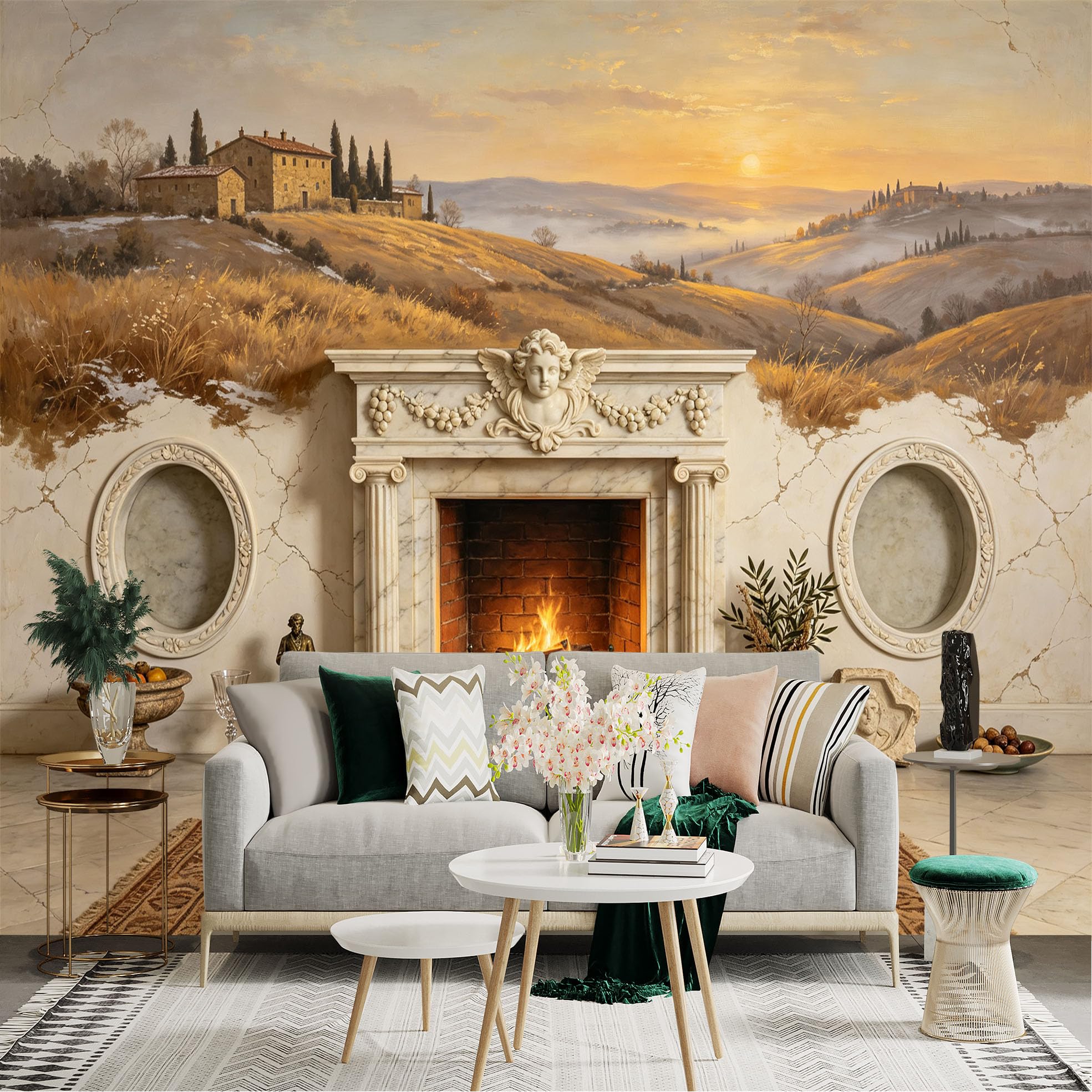 Lnzczhyre Bh260719218 Custom Size Wall Sticker Mural， Classic Tuscan Countryside Landscape， Sunset Hills And Rustic Farmhouse， For Wall Decoration， Peelandstick Wall Decals.