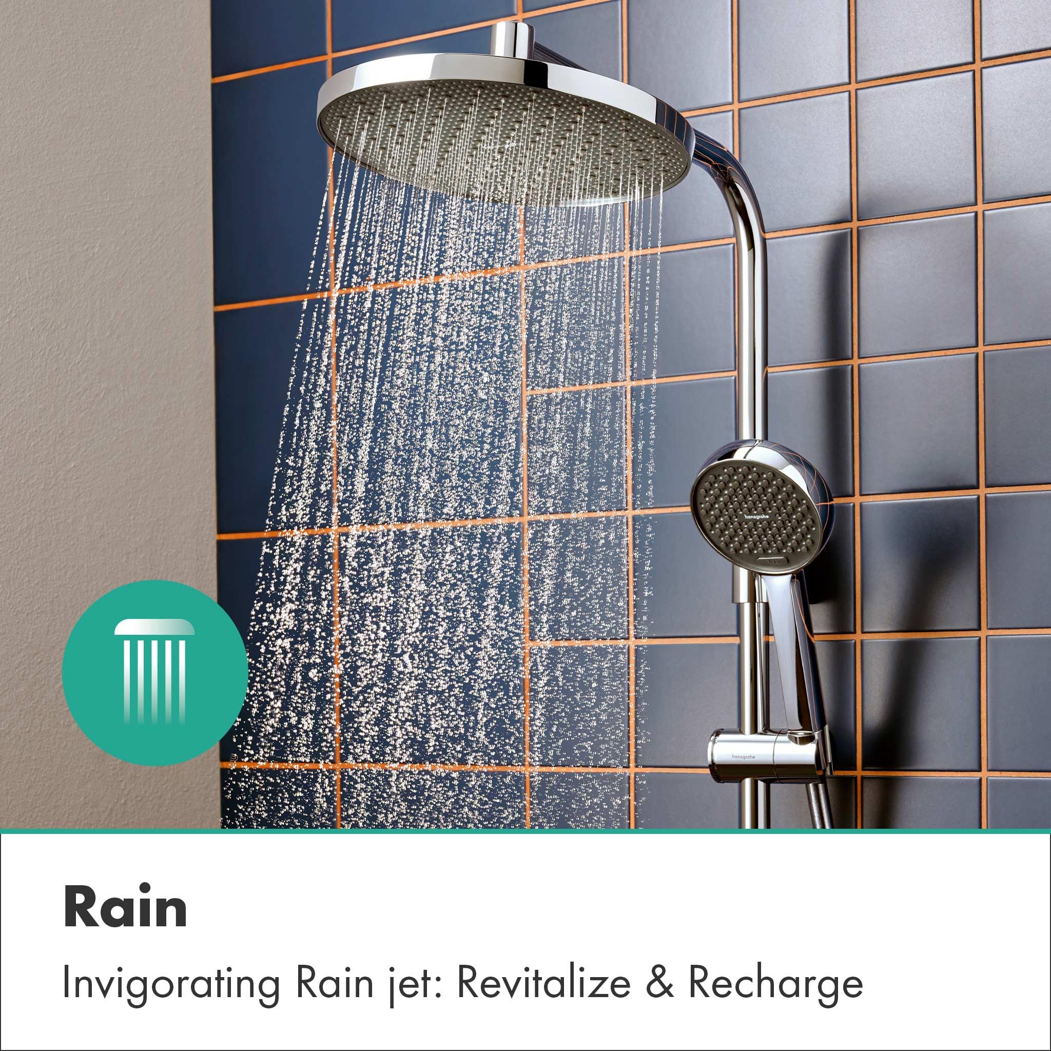 hansgrohe Activera S - wassersparendes Duschsystem (EcoSmart) mit Thermostat, Regendusche (240 mm) mit Armatur, Handbrause (2 Strahlarten), Schlauch, Brausestange und Kopfbrause, Chrom, 28078000