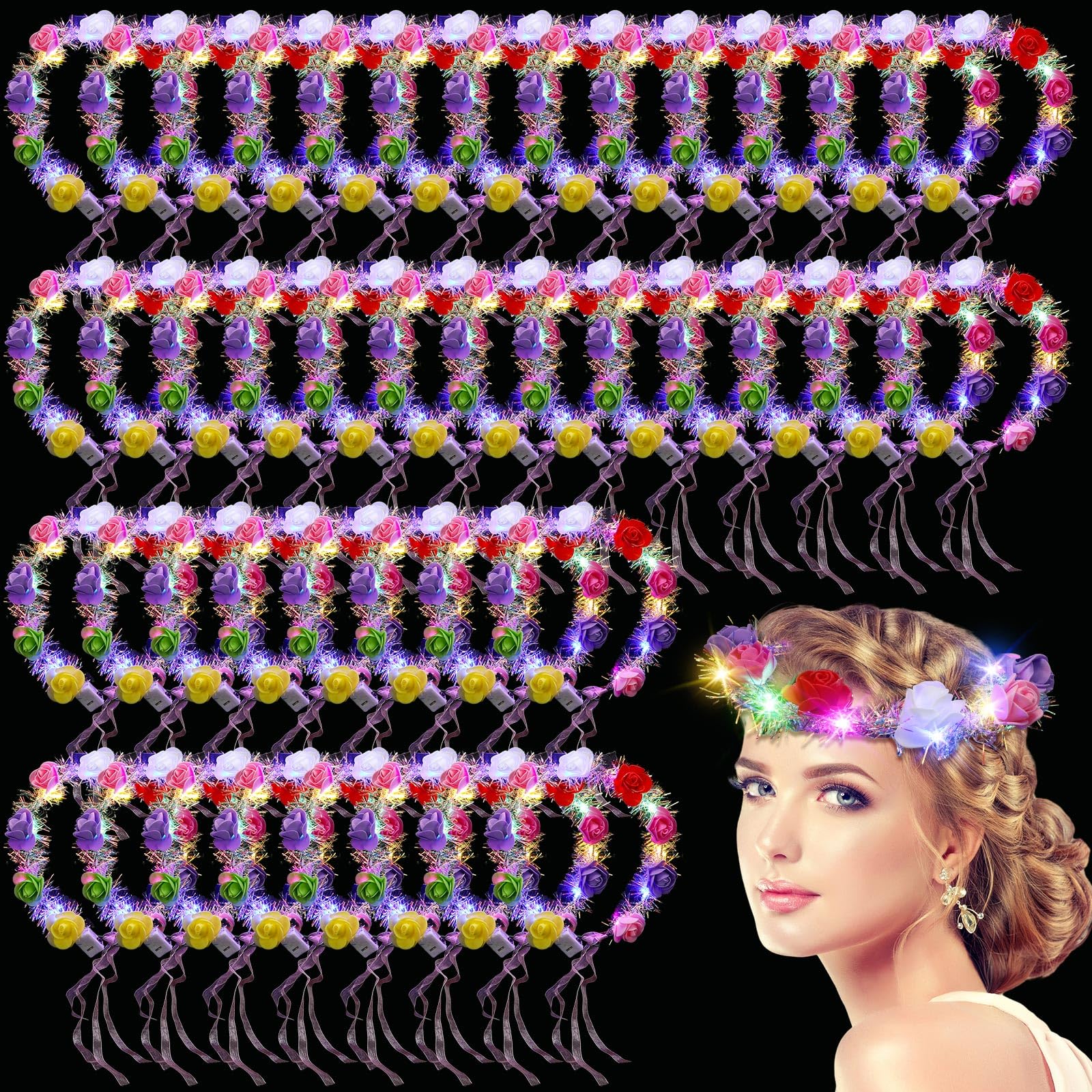 Syhood 40 Pcs LED Flower Headband, Light up Flower Crown Garland Headdress Floral Headpiece for Women Hair Accessories Bridal Shower Mother's Day