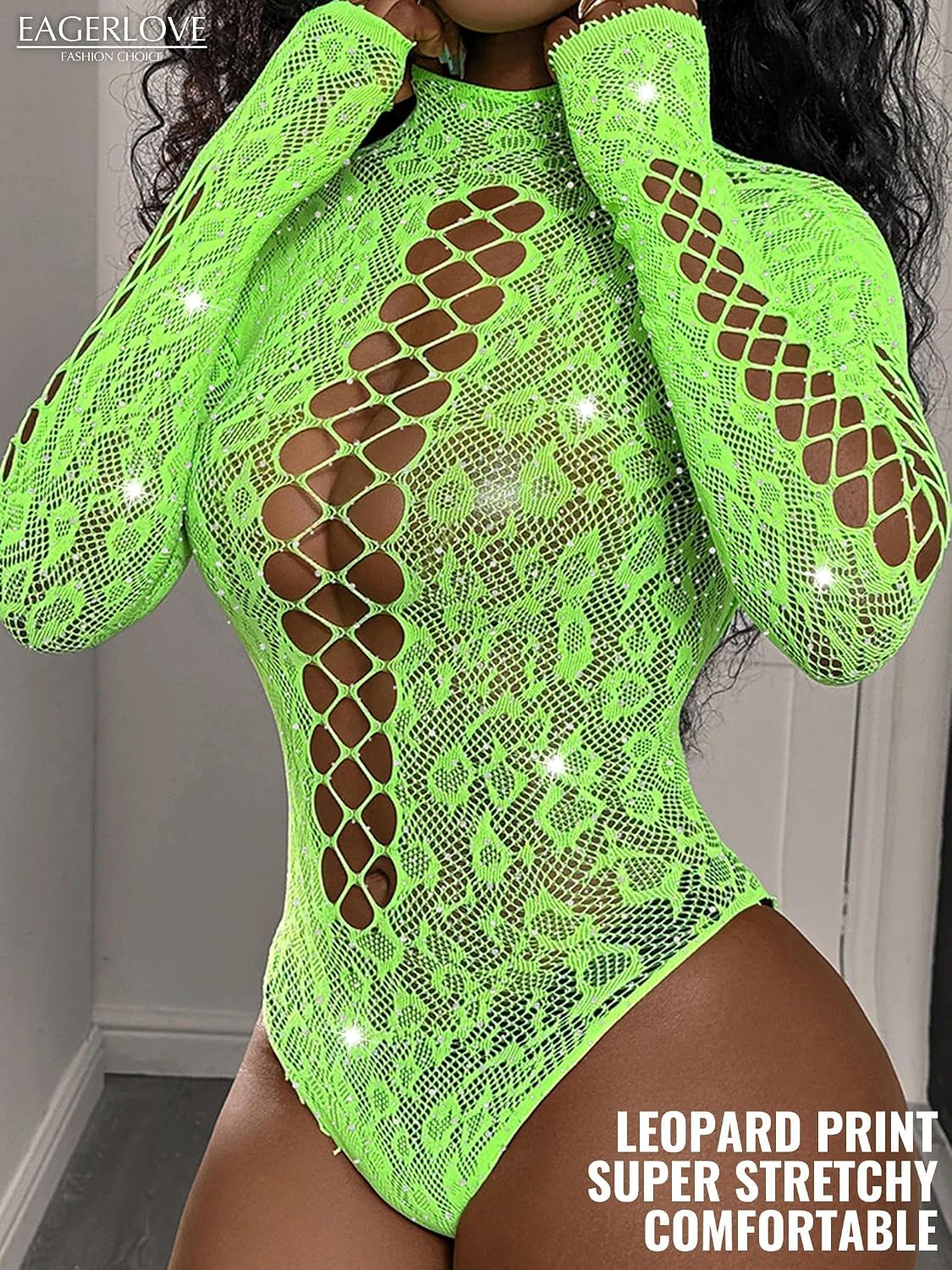 Fishnet Bodysuit Sexy Rhinestone Teddy Long Sleeve Mock Neck Leopard Rave Outfits for Women Clubwear High Cut Mesh Neon Green