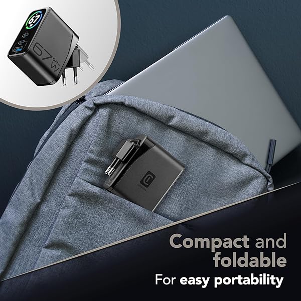 Cellularline PowerView IQ 67W Caricabatterie da Rete con Display TFT, 2 Porte USB-C PD e 1 Porta USB-A 30W, Uscita Simultanea 65W, Tecnologia GaN, Spina Pieghevole, Cavo Incluso - 5
