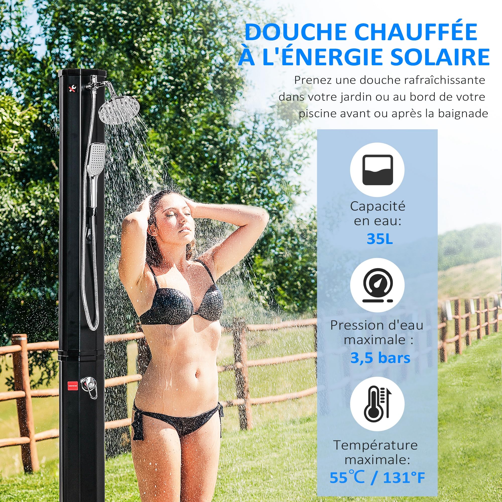 Outsunny Douche Solaire d'extérieur réservoir 35L Pression Max. 3,5 Bar - mitigeur, Grand pommeau orientable, douchette, Robinet à Pieds - Noir