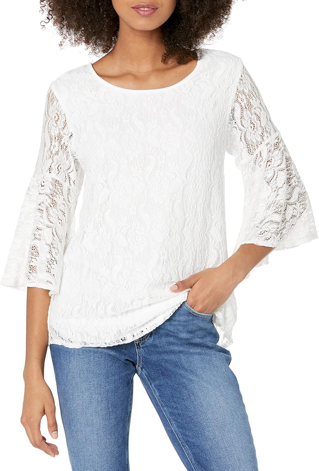 Star Vixen Stretch Lace Bell-Sleeve Keyhole Back Cutout Top-Lined