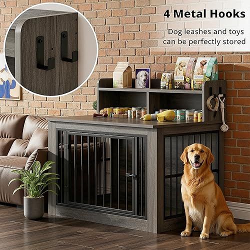 Vista 31 de IRONCK Mueble de jaula extragrande para perros, jaula de madera de 43.3 pulgadas con almacenamiento y 4 ganchos, jaula resistente para perros