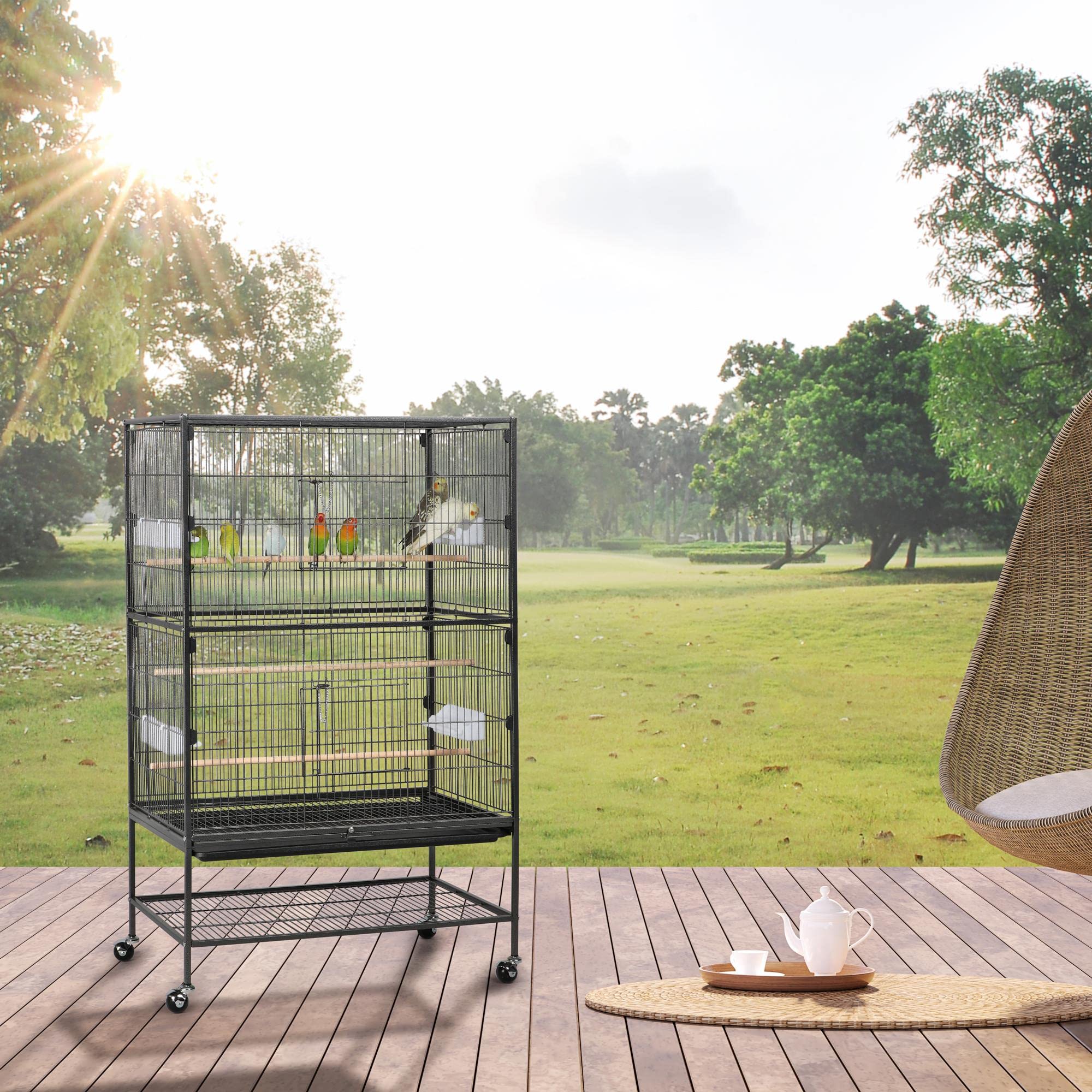 Yaheetech Grande Cage Oiseaux sur roulettes 79x52x132 cm Noir | Pour Canaries Perroquet Cacatoès,2 étages,métal revêtement,grille hygiénique,plateau coulissant imperméable, roulettes 360°