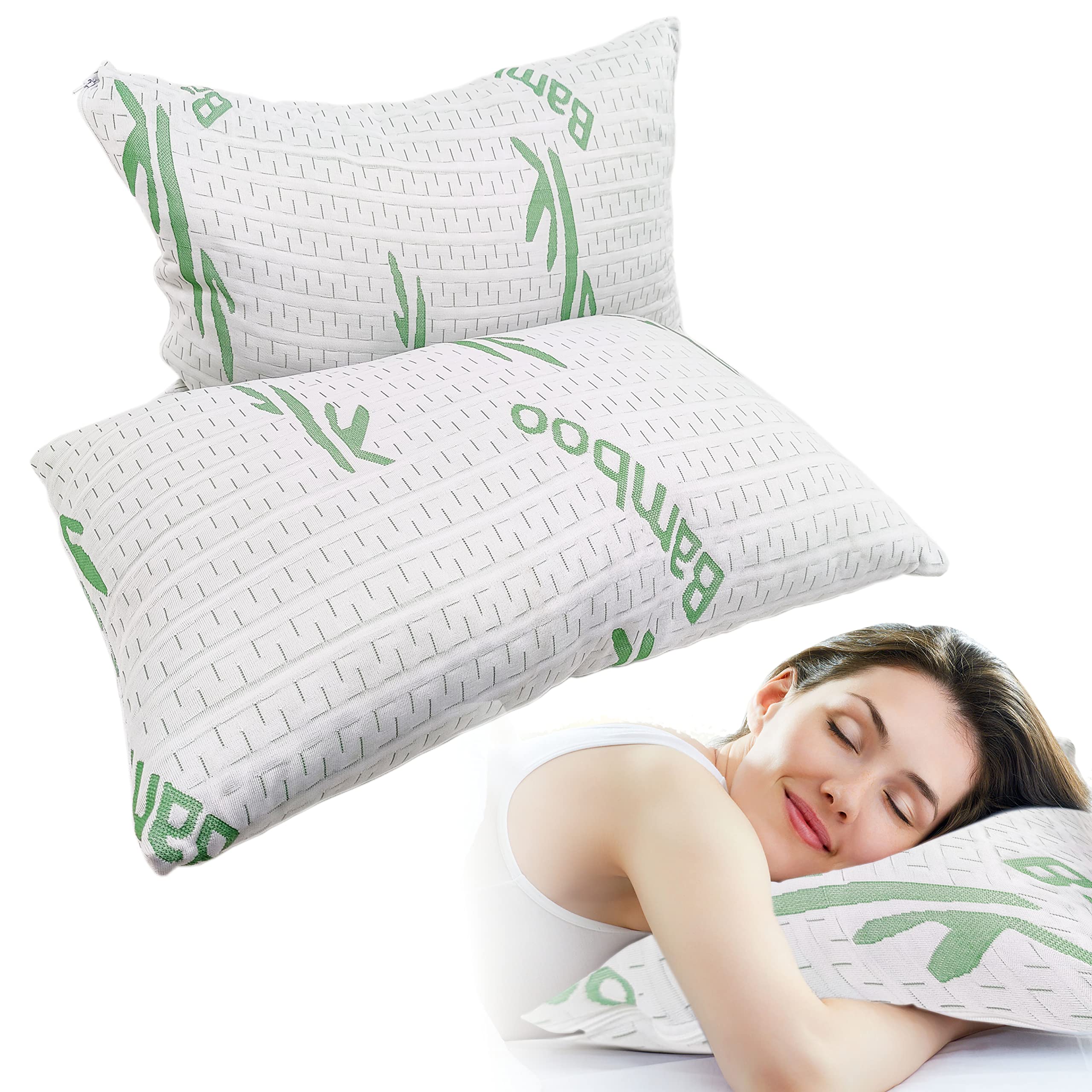 Feature Home Memory Foam Gel Pillow - 2 Pack, Comfort Neck Support Pillows with Premium High-Density Memory Foam Crumb Filling with Luxury Soft Bamboo Quilt Cover