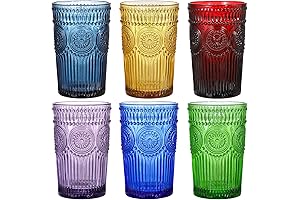 Kingrol Vintage Colored Glassware Set: 6-Pack 12oz Romantic Drinking Glasses
