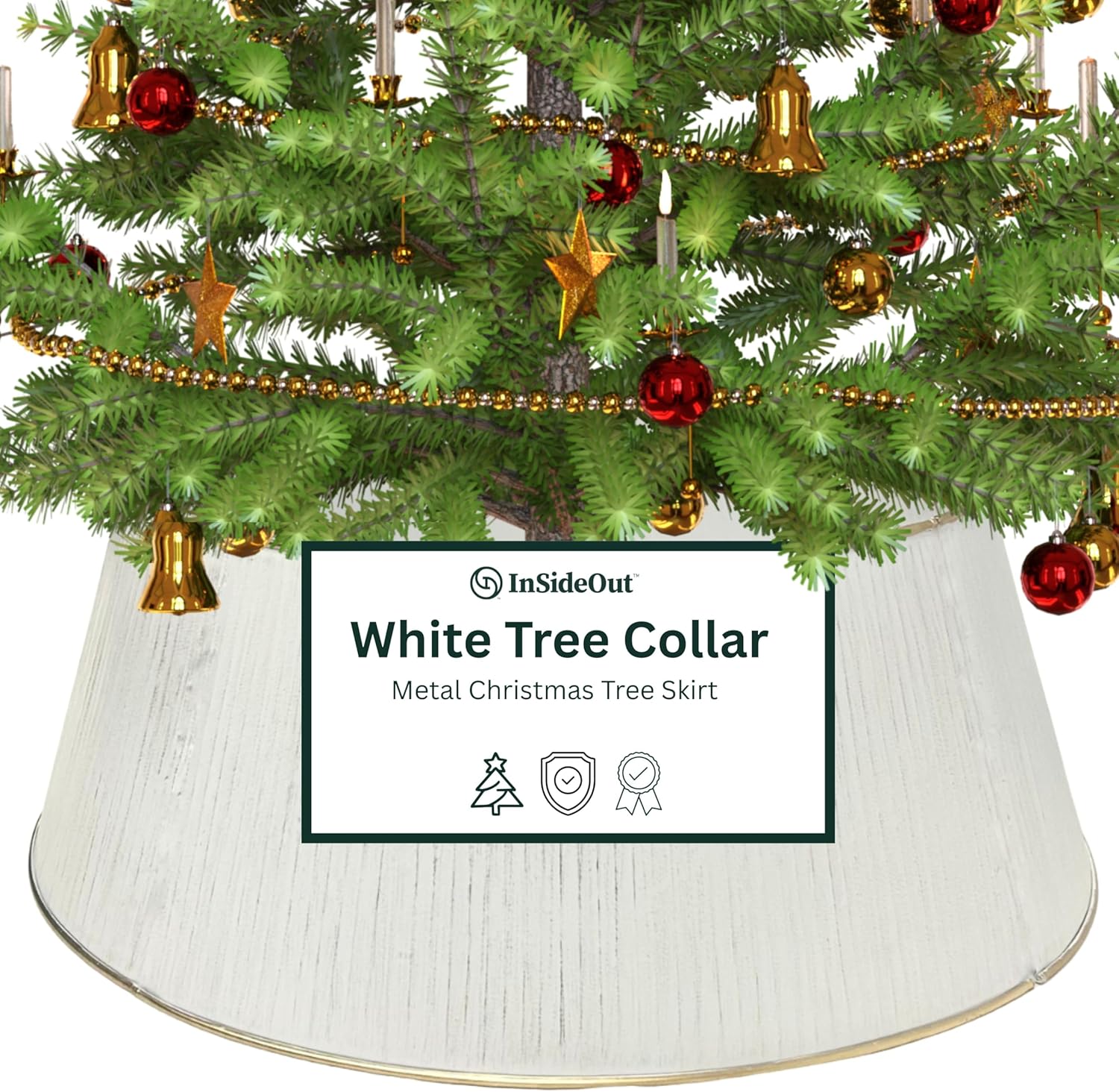 White Tree Collar, Holiday Tree Skirt Alternative, Christmas Decorations for Tree, Metal Christmas Tree Skirt, Xmas Tree Collar, Premium White & Gold Finish