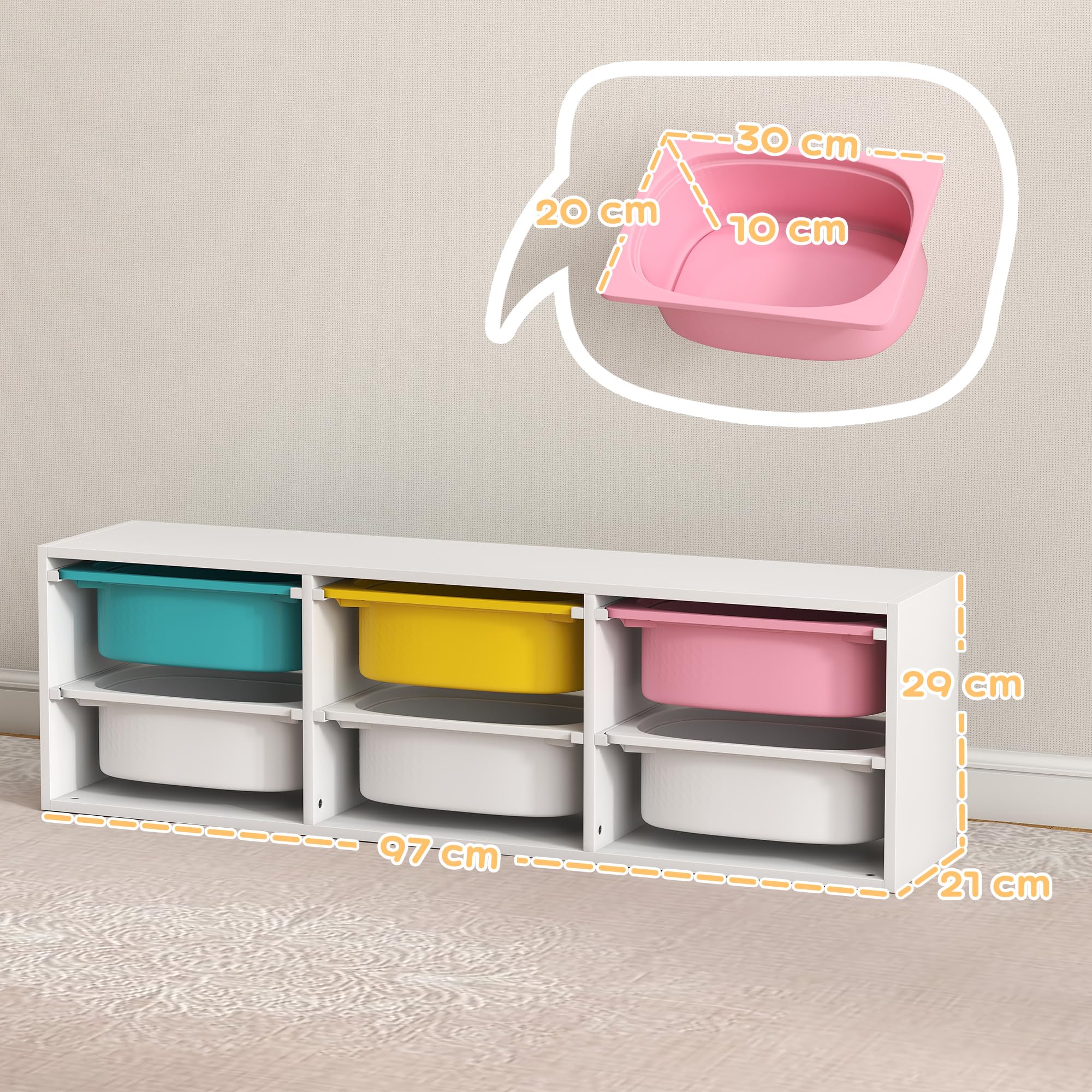 AIYAPLAY Meuble Rangement Enfant à 2 Niveaux avec 6 bacs Amovibles, étagère de Rangement pour Jouets Enfants pour Chambre d'enfant, Salle de Jeux ou garderie, Blanc