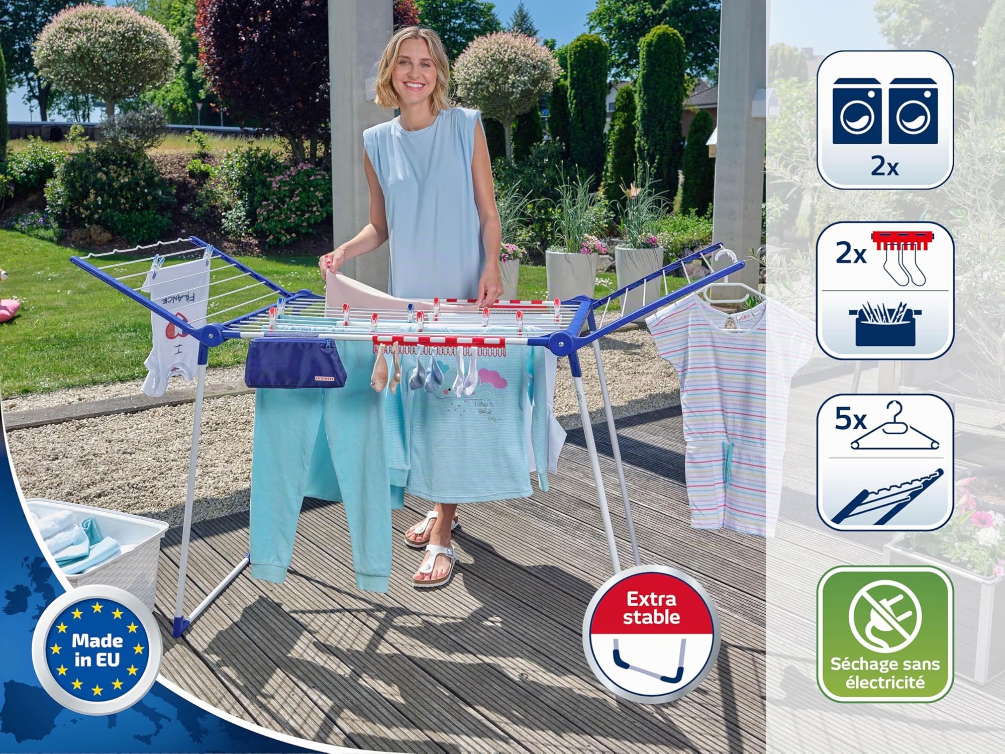 Leifheit Séchoir à Linge Pegasus 200 Solid Comfort, séchoir sur Pied Grande Surface d'étendage, étendoir à Linge Solide, 3 Accessoires