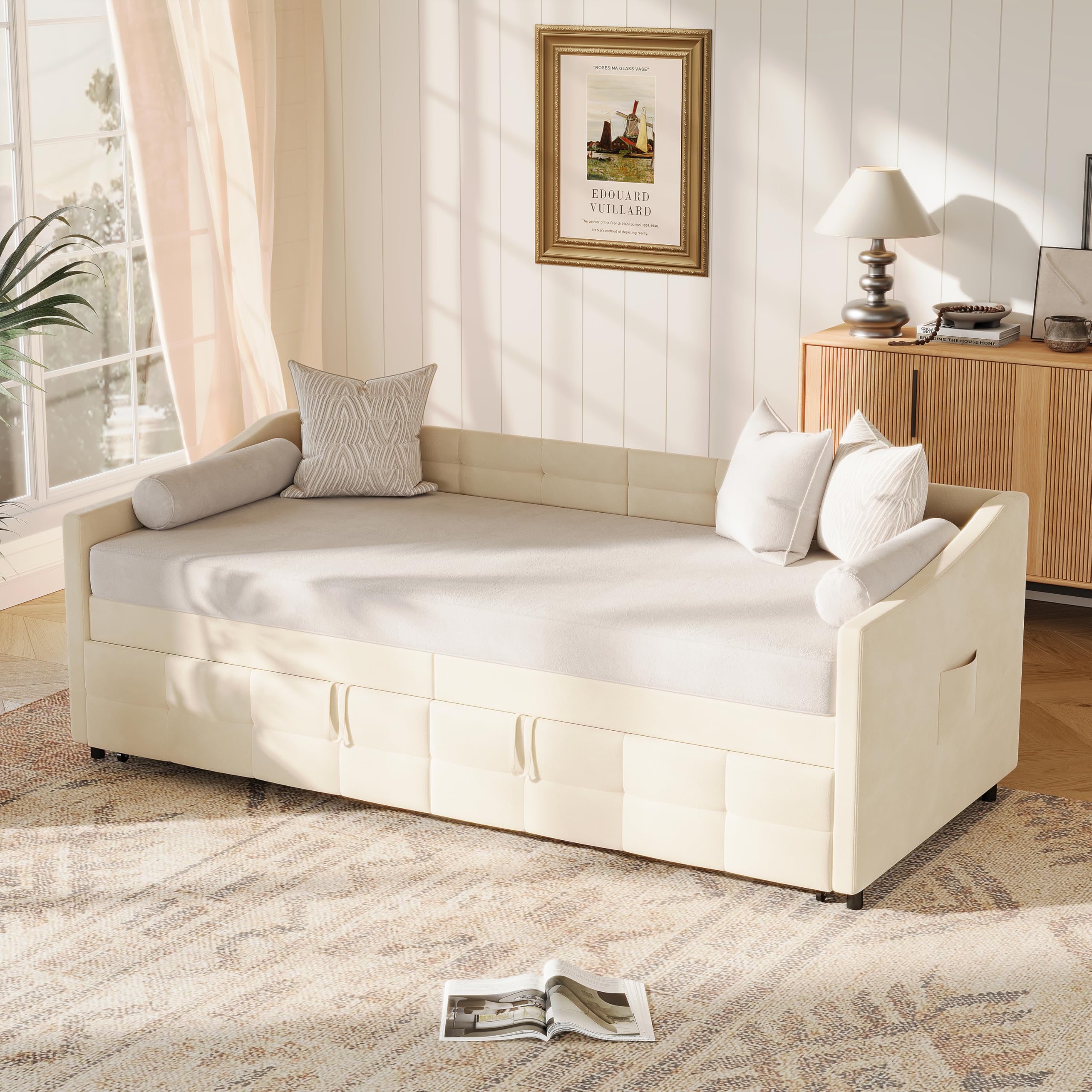 PerGar Sofá cama 90/180 x 200 cm, cama extensible con somier de láminas de madera, sofá cama con cajón, cama nido, cama individual/doble, cama multifunción, franela, sin colchón (color crema)