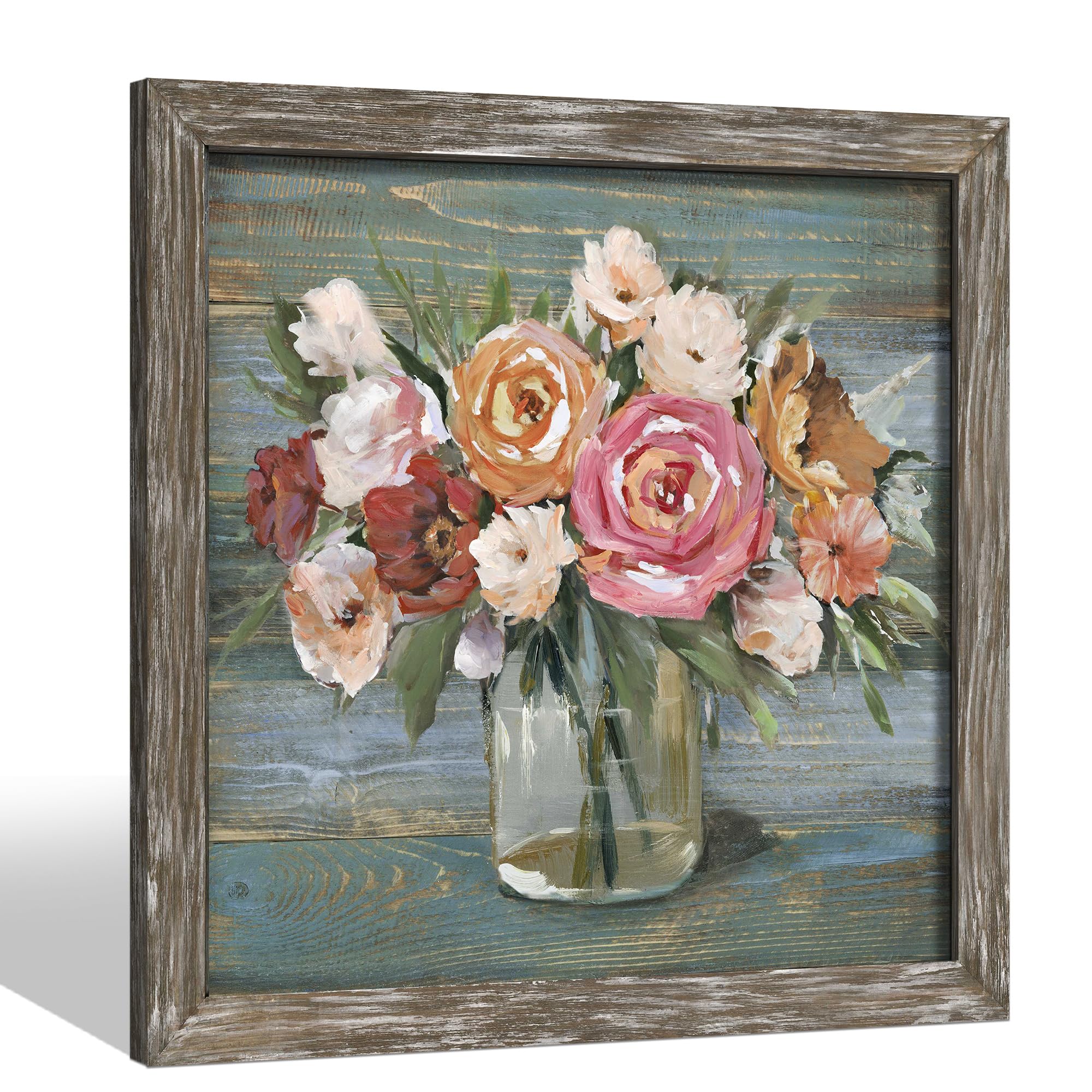 Flower Wooden Framed Wall Art: Rustic Blossom Bouquet in Vase Picture Abstract FLoral Painting Vintage Rose Artwork for Living Room