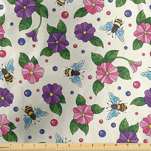 Ambesonne Nature Fabric by The Yard, Spring Time Composition with Botanical Elements Bees and Colorful Flowers, Decorative Satin Fabric for Home