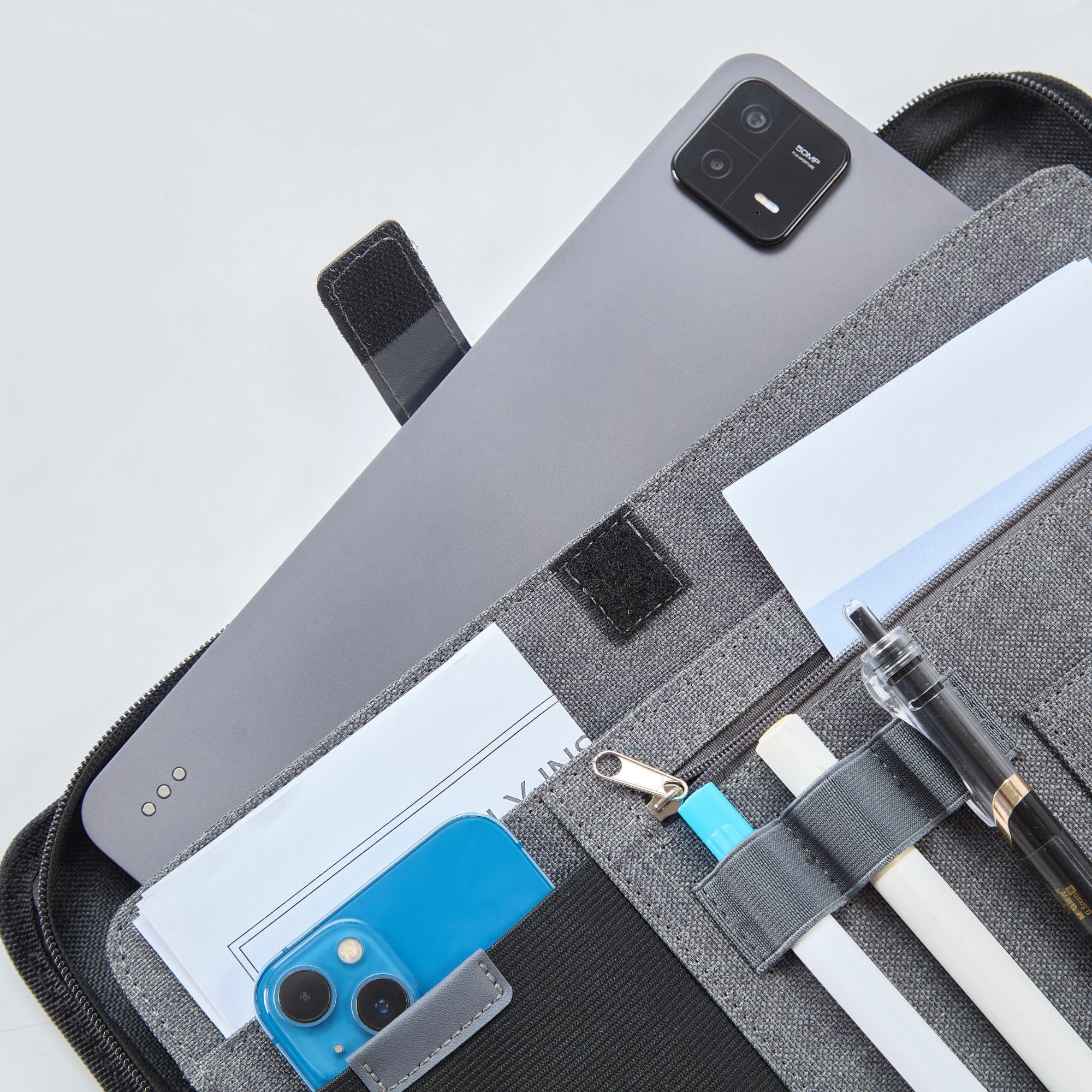 AMKSONS A4 Konferenzmappe mit Reißverschluss & 2-Ringbuch – Schreibmappe A4 mit Tabletfach, Klemmbrett, Notizblock, Kartenfächer – Stoff Dokumentenmappe, Ringmappe Organizer DIN A4 Schwarz