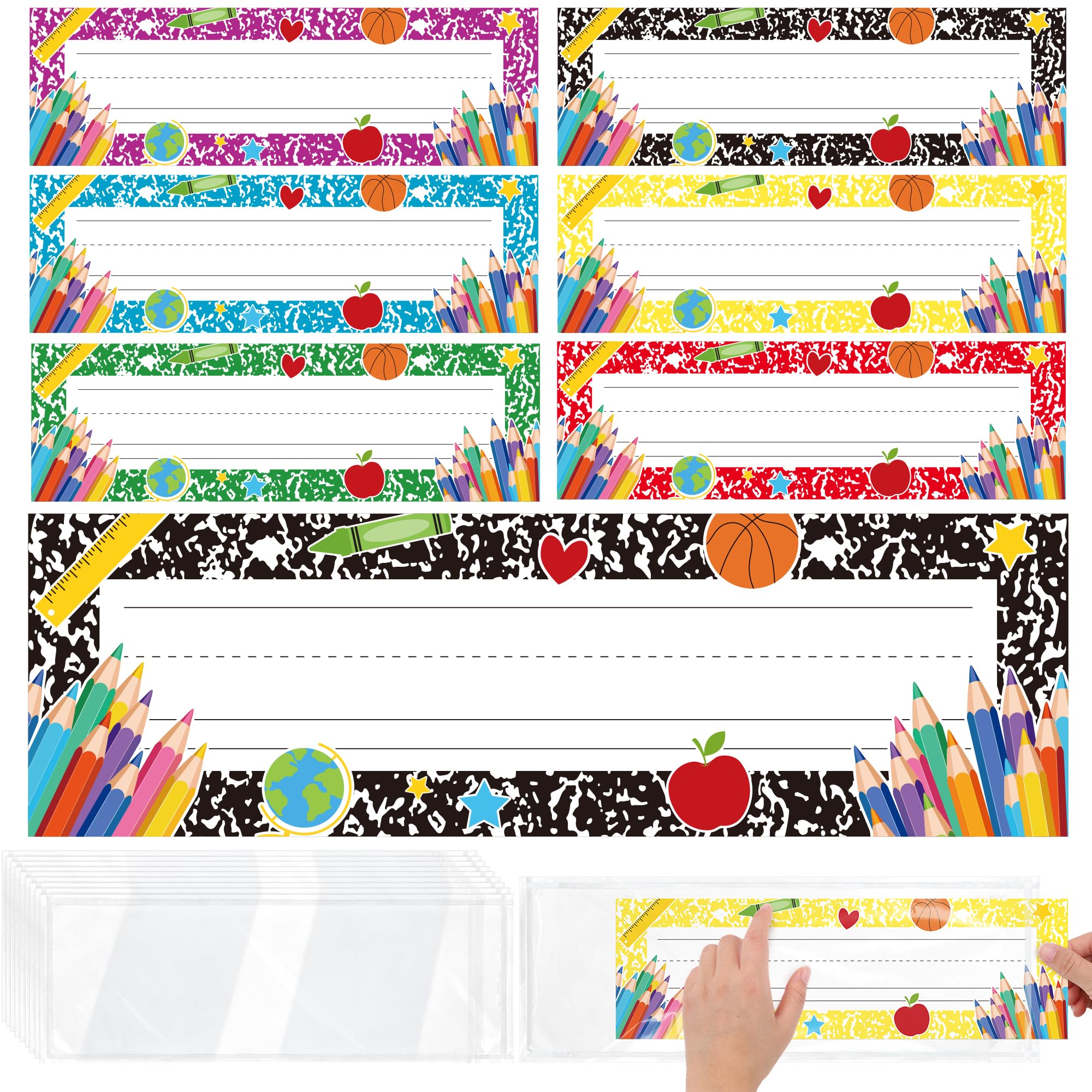 Aodaer Lot de 36 étiquettes de nom autocollantes pour salle de classe - 35 x 10 cm - Avec couverture transparente - Pour décoration de salle de classe, jardin d'enfants, fournitures préscolaires