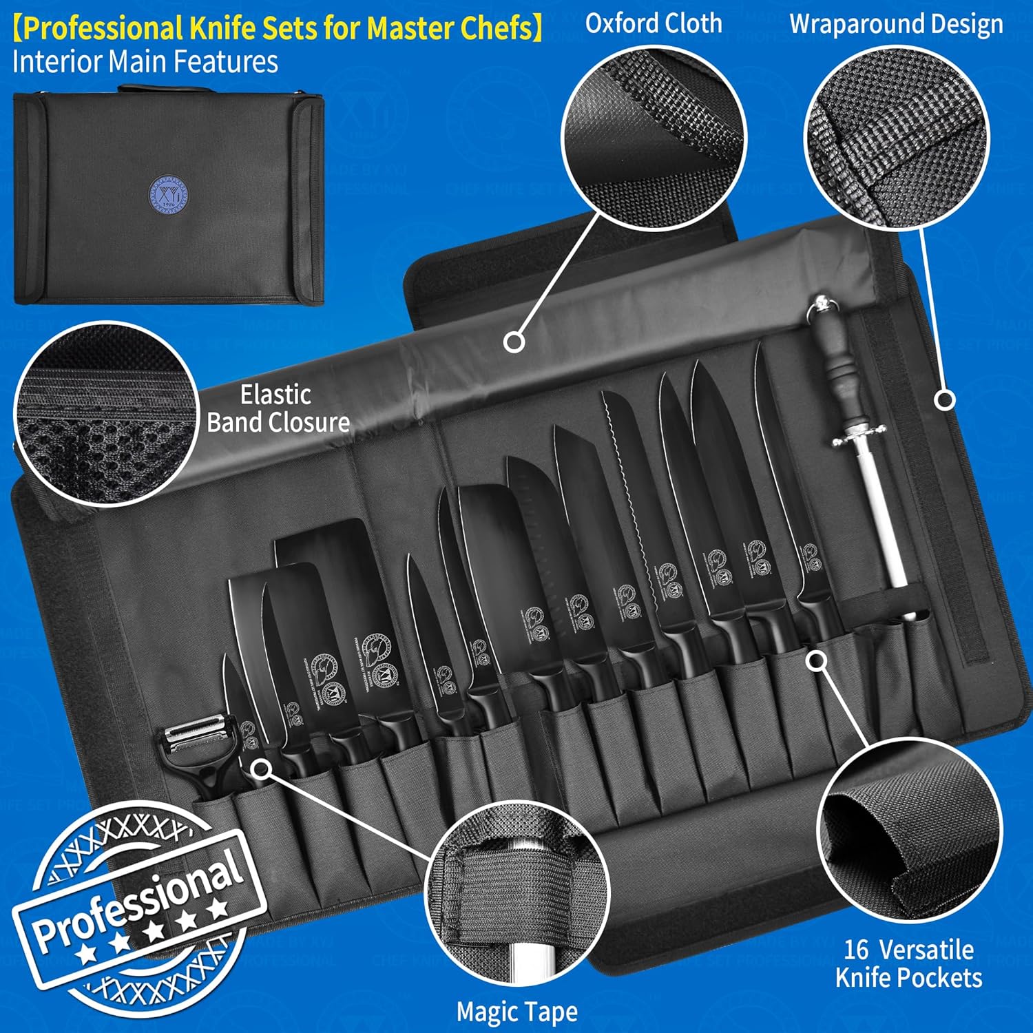 XYJ Knives,Professional Knife Sets for Master Chefs,Meat Cleaver Butcher for Camping,Chef Knife Set with Bag (Full Black)