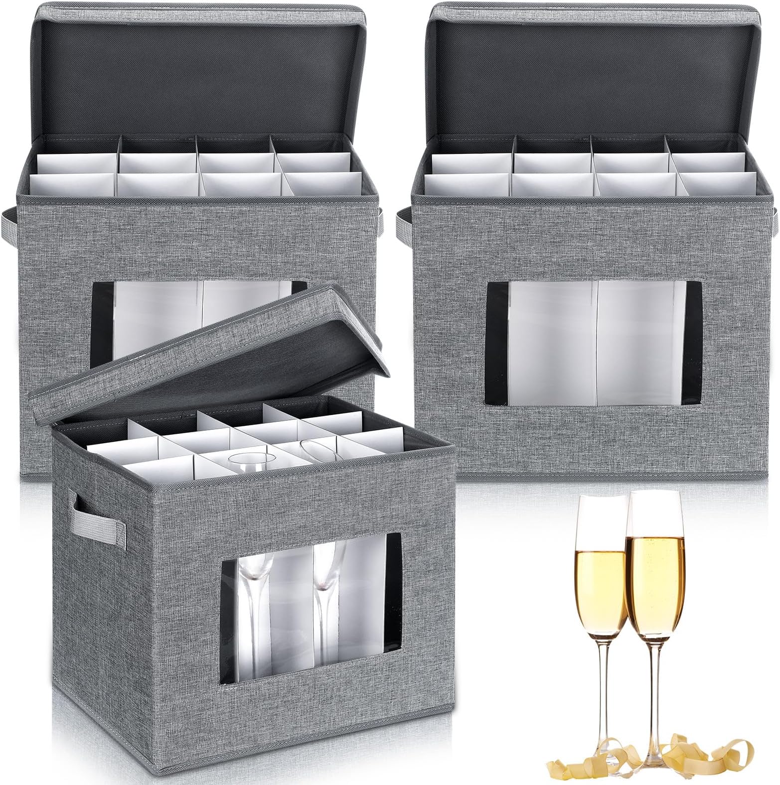3 Pcs Wine Glasses Storage Box with Dividers, 12 Compartments Champagne Flute Storage Box with Lid Handle Window China Storage Containers Holder for Moving (Champagne Flute Size,Gray)