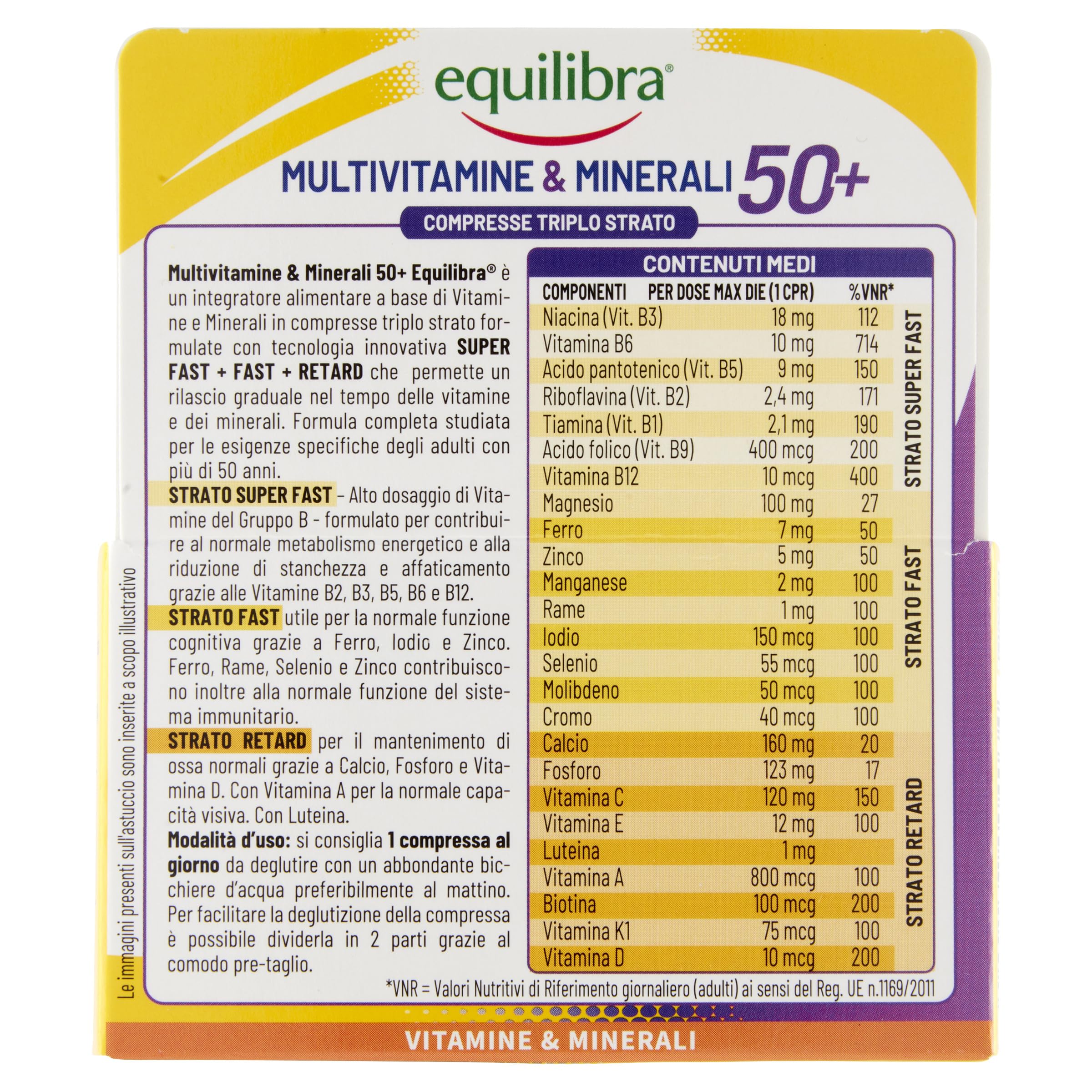 Equilibra Multivitamine e Minerali 50+, Rilascio Prolungato fino a 8 ore, Alto Dosaggio di Vitamina D, con Fosforo e Luteina, per Adulti 50+, Senza Glutine, per Vegetariani, 30 Compresse Triplo Strato