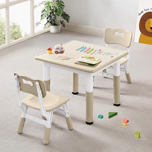 CuFun Kids Table and 2 Chairs Set, Height Adjustable Toddler Table and Chair Set for Age 2-8, Children Multi-Activity Table with Graffiti Desktop, Kids Play Table for Reading, Drawing, Eating - 2 Chairs - Burlywood
