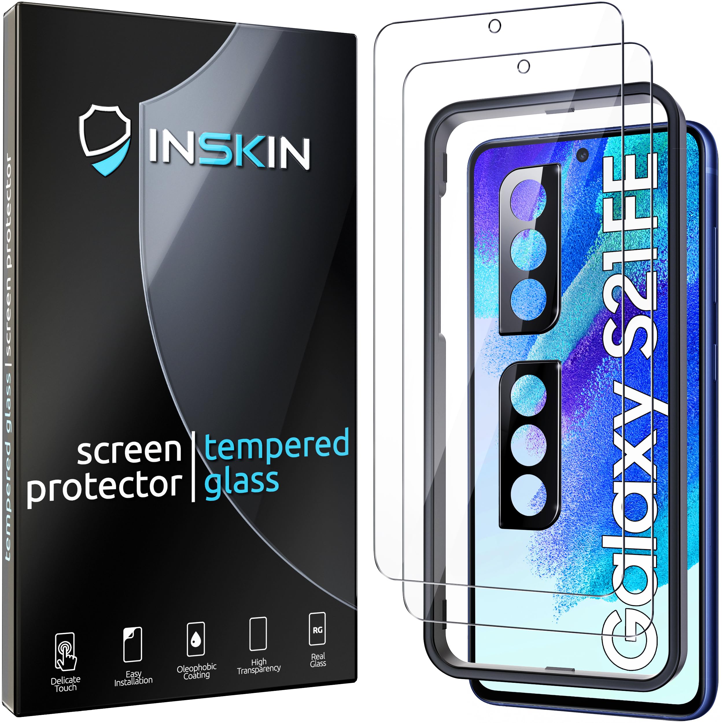 Inskin Tempered Glass Screen Protector for Samsung Galaxy S21 FE 5G/4G SM-G990 6.4 inch - Ultimate 2+2 Bundle with Camera Lens Guard and Auto Alignment Tray - Ultra HD, Case Compatible