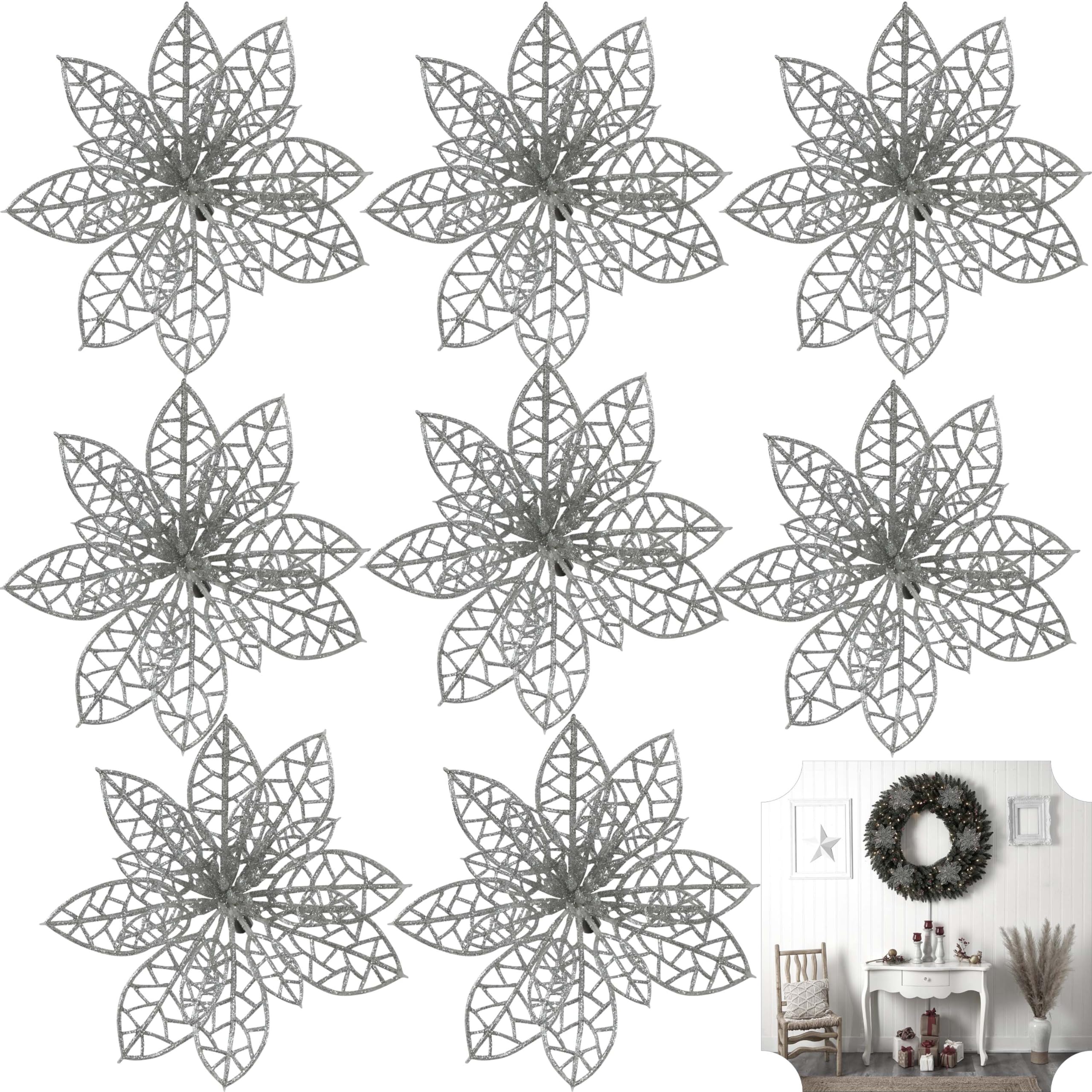 Srvertex 8X Silver Flowers 8X Silver Glitter Poinsettia Christmas Tree Decorations – Artificial Flowers With Clips For Xmas Tree, Wreaths, Garlands & Home Décor – Sparkling Silver Christmas Ornaments For Holiday Decoration