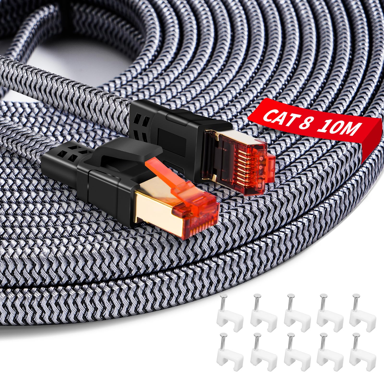 YIIFELL Cavo Ethernet Cat 8 10 Metri, 40Gbps 2000MHz Cavo LAN Nylon Ethernet Cable Alta Velocità Cavo di Rete per Router, Switch, Modem, Laptop, PS5/PS4, Smart TV, Xbox