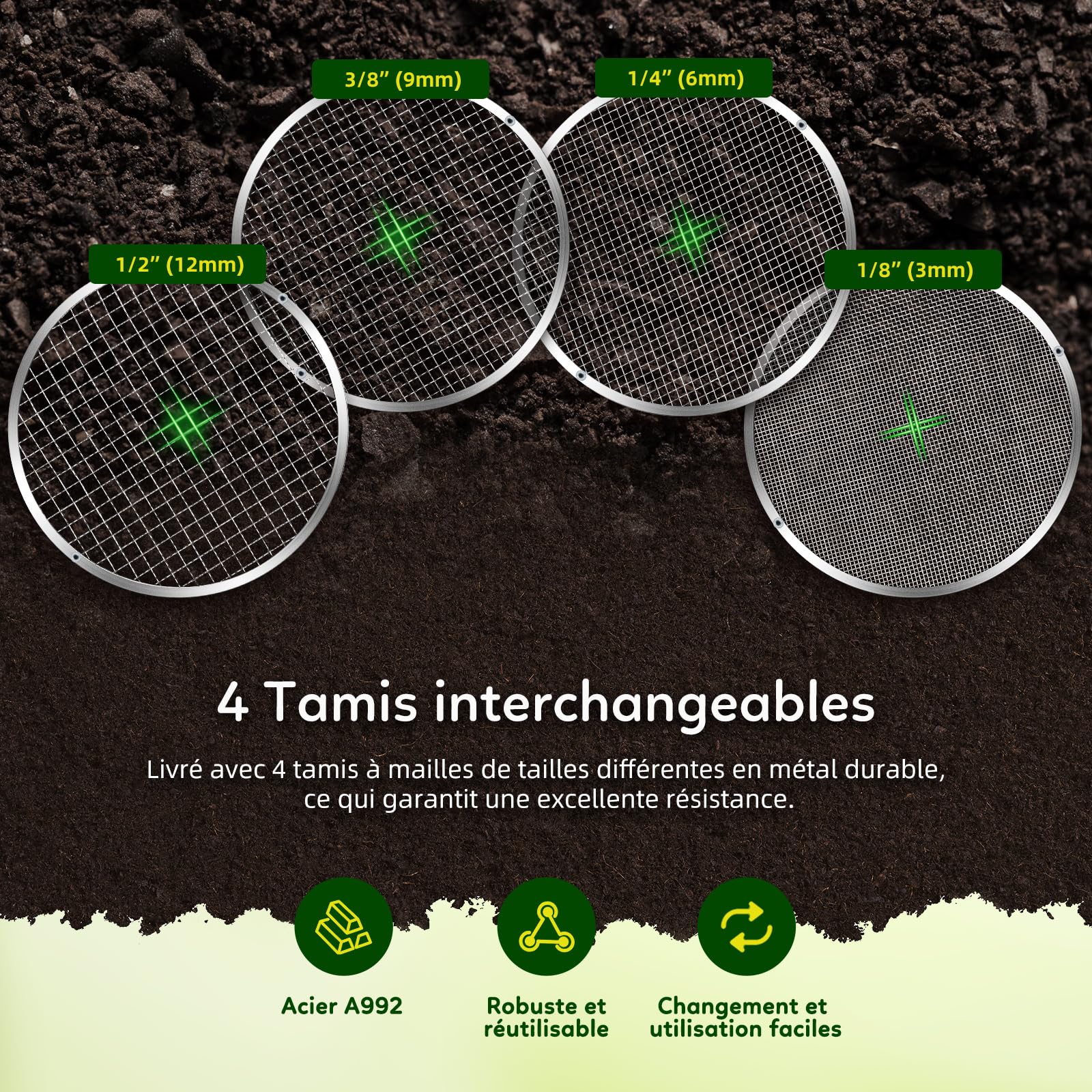 Tamis Rotatif Manuel amélioré pour Jardin, Tamis à Compost, Filtre à Mailles de 13 Pouces avec 4 Tamis interchangeables (3/6/9/12 mm), Tamis horticole, Tamis horticole Rotatif Moderne