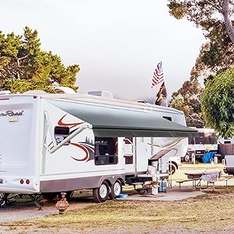 Awnlux White Motorized Modular Retractable RV Awning Full Set Assemblies for RV, 5th Wheel, Travel Trailers, Toy Haulers, and Motorhome - RV Trailer Awning for Home or Camper - 11x8 Ft - Black Fade