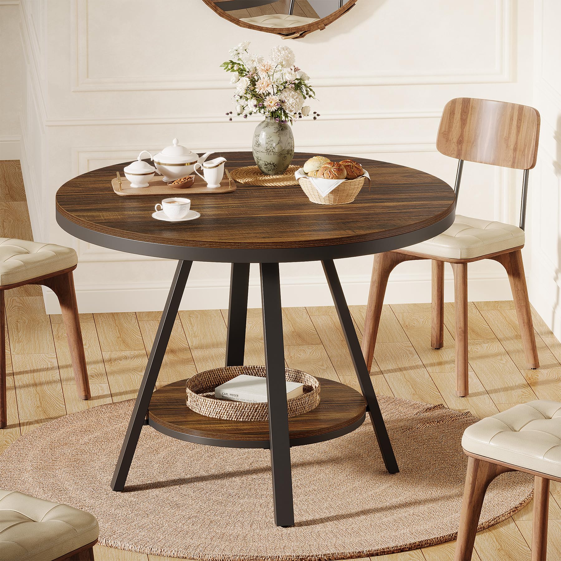 Tribesigns Mesa de Comedor Industrial Redonda de Dos Niveles, Mesa de Comedor pequeña para Cocina para 2-4 Personas, Mueble de Cocina de Madera de 90 cm con Patas metálicas Resistentes, marrón