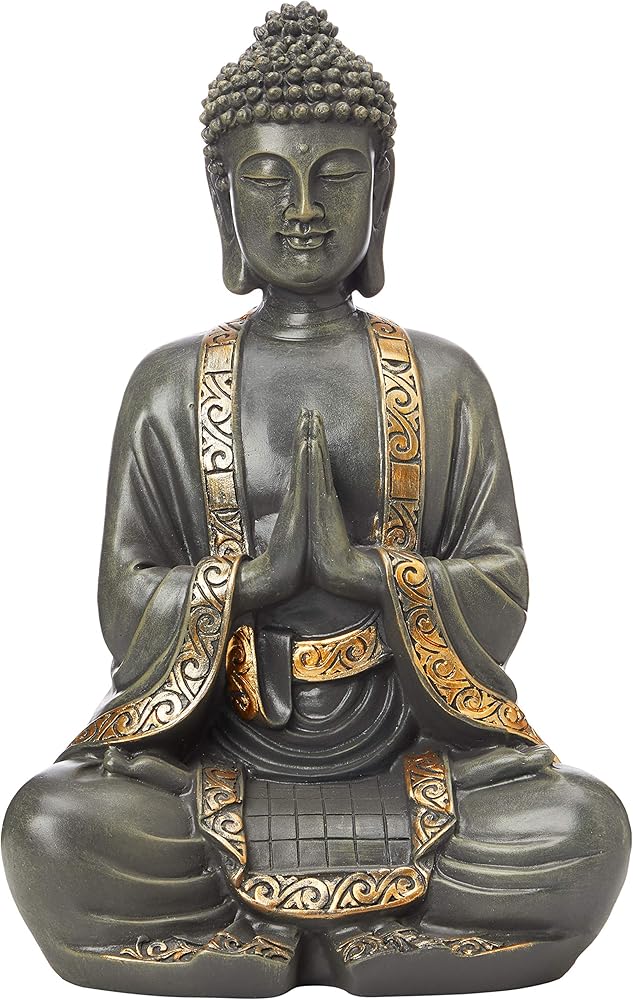 Zen `light, statua di buddha in meditazione, in resina color bronzo, misure 37.5 x 24 x 15 cm