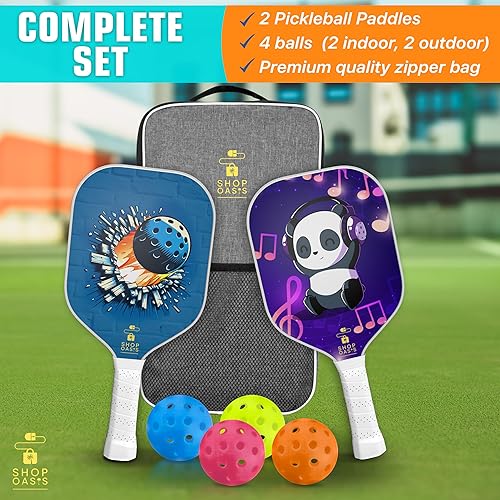 Miniatura 2 de Palas de pickleball para niños (juego de 2), paletas de tamaño infantil (a partir de 6 años), núcleo de panal ligero, cara de golpe de fibra de