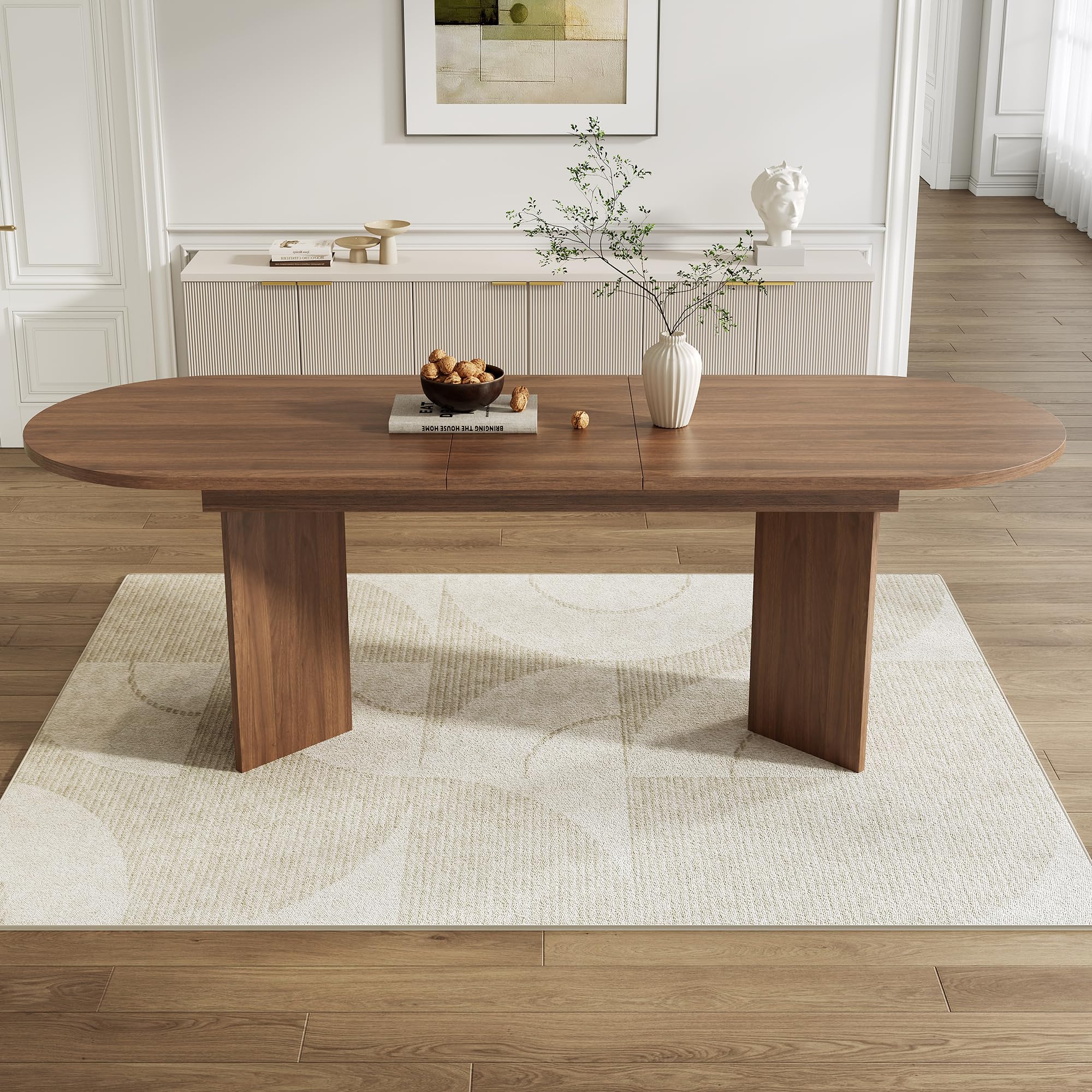 Mesa de Comedor Extensible Ovalada, 160/200 x 90 cm, Mesa de Comedor de Estilo Simple, Mesa de Cocina para 6-8 Personas, Tapa Gruesa, Esquinas Redondeadas, Color Nogal