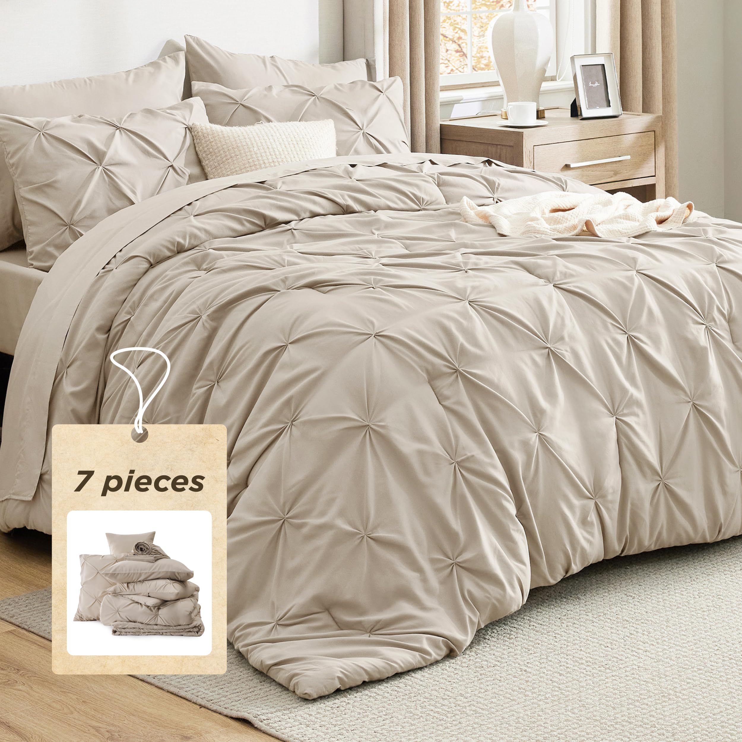 Bedsure Queen Comforter Set Beige - 7 Pieces Bed in a Bag Queen Size, GentleSoft™ Pintuck Bed Set Gift for Family, Pinch Pleat All Season Comforter with Sheets, Pillowcases & Shams