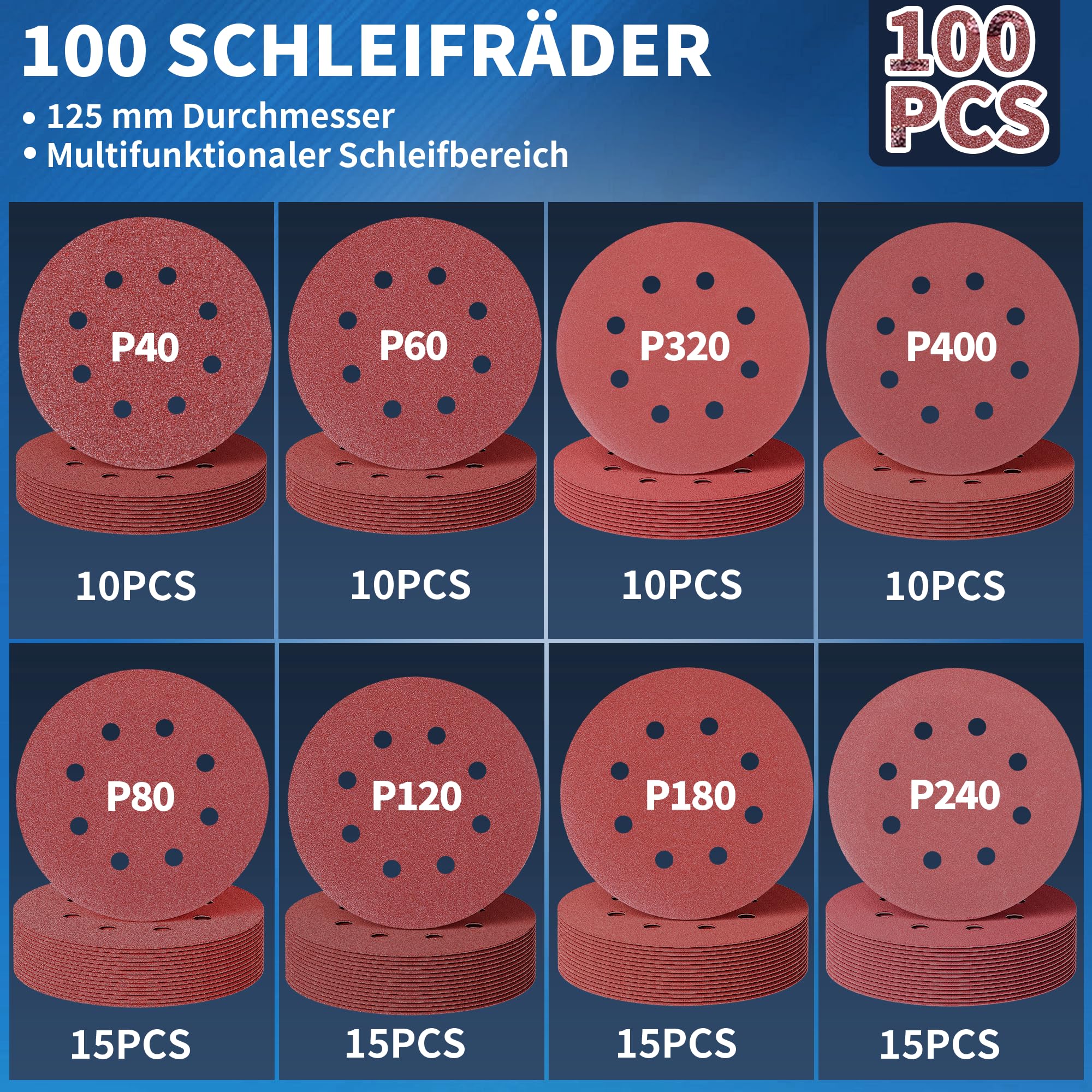100 sztuk papieru ściernego, mocowane na rzep krążki szlifierskie 5 w 8 otworów, P40/P60/P80/P120/P180/P240/P320/P400, szlifierka ścienna do drewna, metalu, tworzywa sztucznego, akcesoria do