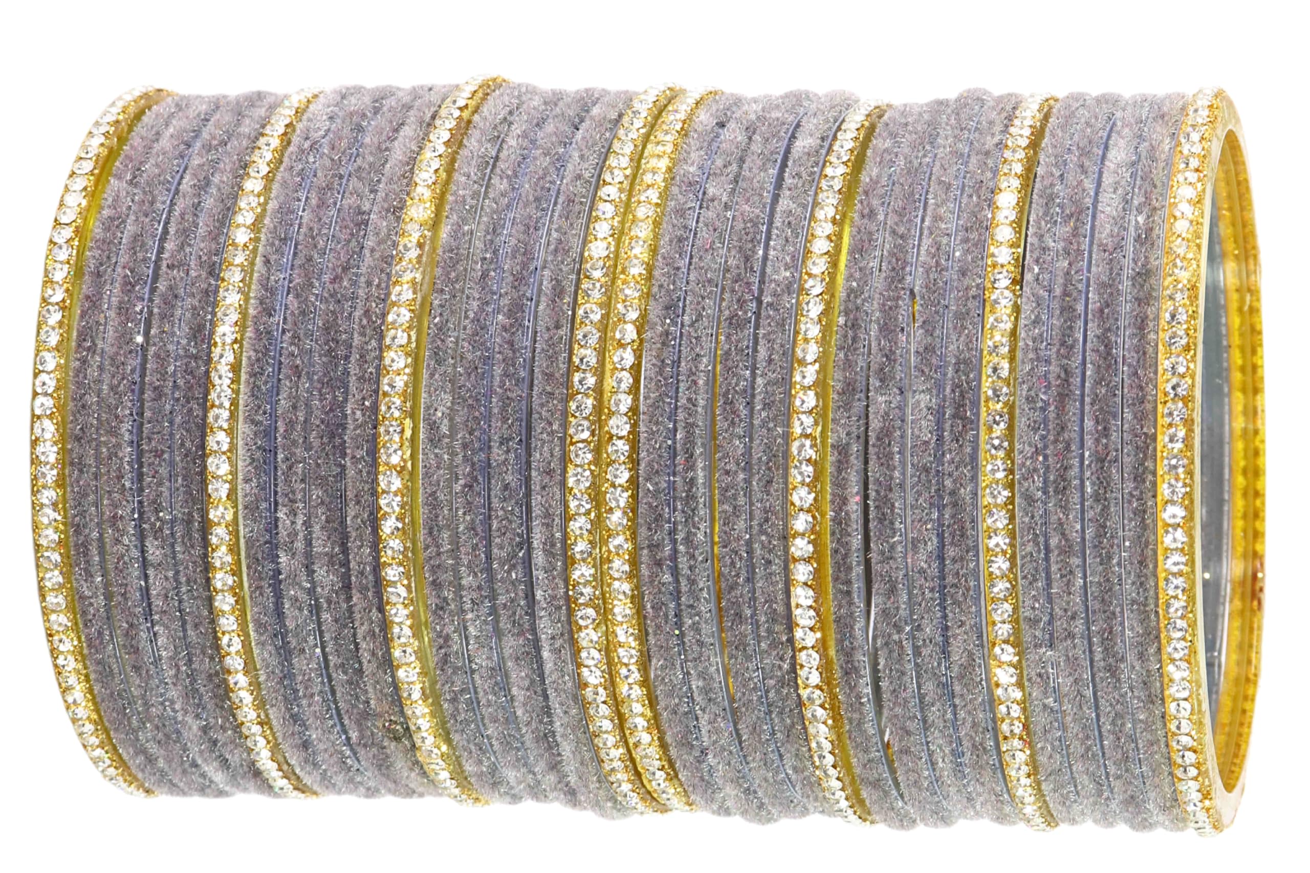 NMII Glass Golden Zircon Diamond Stone & Velvet Finish Plain Bangles Set For Women & Girls | Grey Glass Bangles | designer bangles set for women | Stone bangles-(F192_ATM-Grey-2.6) (B0DFTTDX8L) Amazon Price History, Amazon Price Tracker
