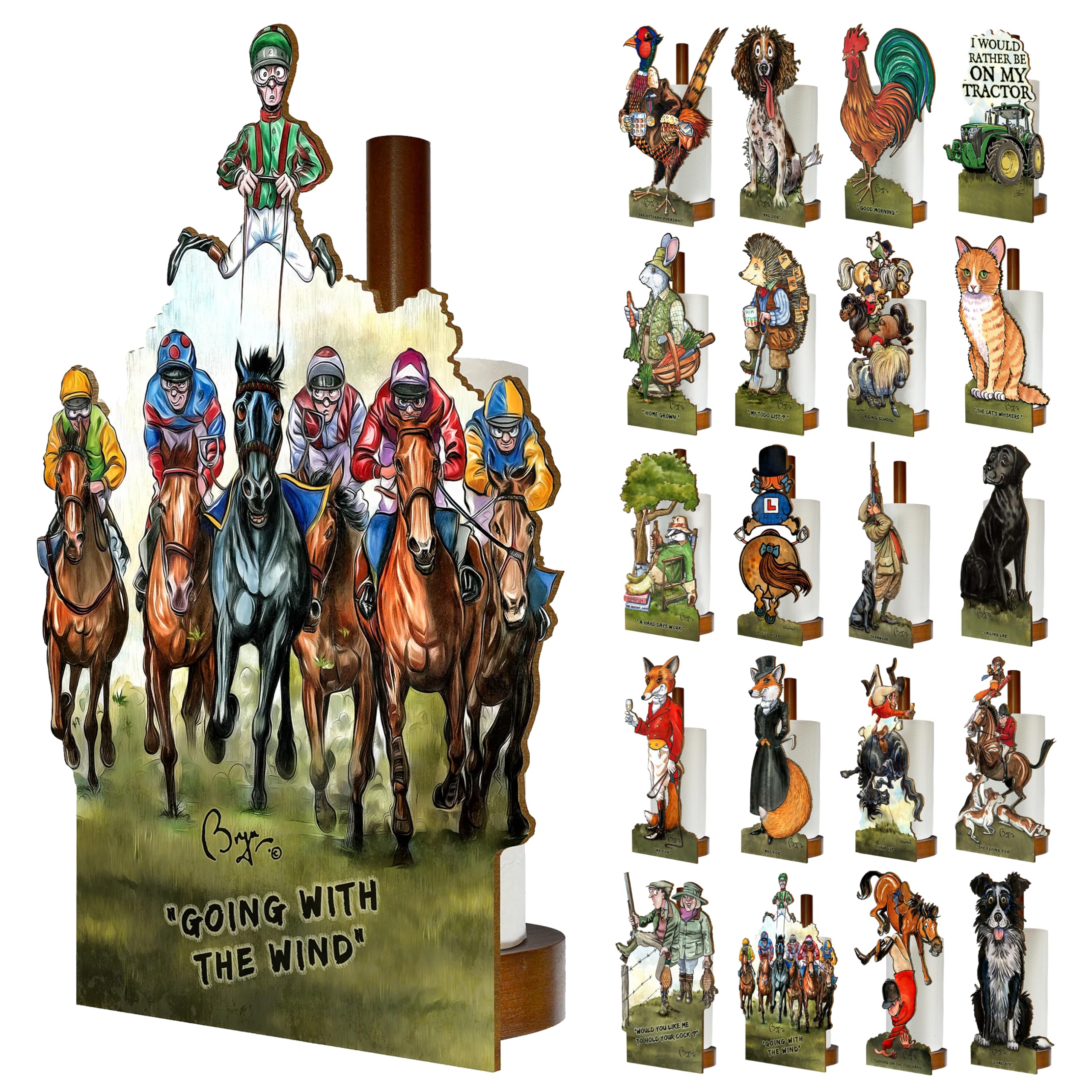 Looprints Women's Turf Club Fun Toilet Roll Storage & Kitchen Towel Holder Wooden Stand | Bryn Parry Horse Racing Art | Novelty Kitchen & Bathroom Decor & Accessories | A Standout Piece Of Functional Equestrian Decor.