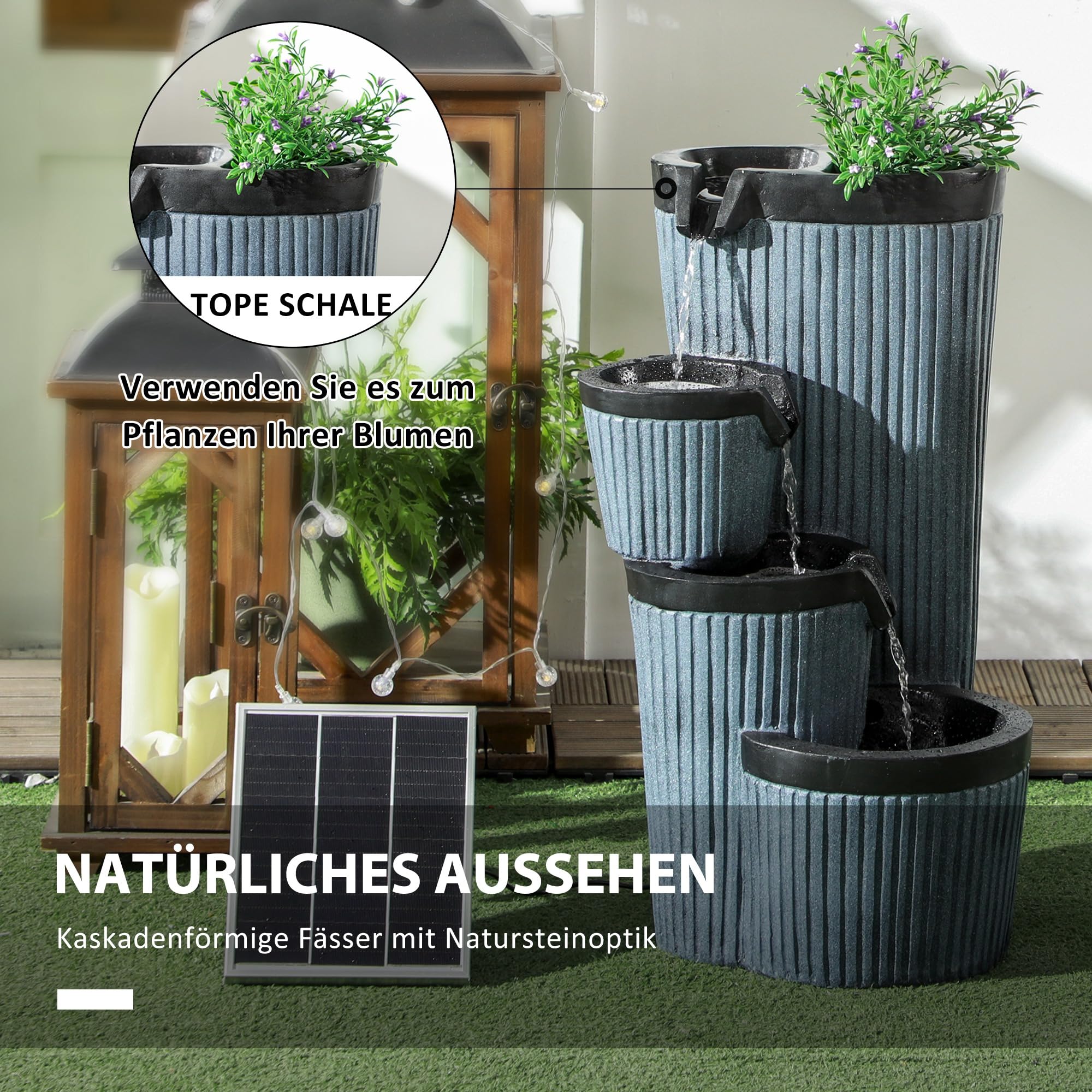 Outsunny Gartenbrunnen, Solar Springbrunnen, Wasserbrunnen mit LED-Beleuchtung, 4 stufiger Zierbrunnen mit Blumenkasten für Garten, Balkon, Kunstharz, 33 x 30 x 57,5 cm