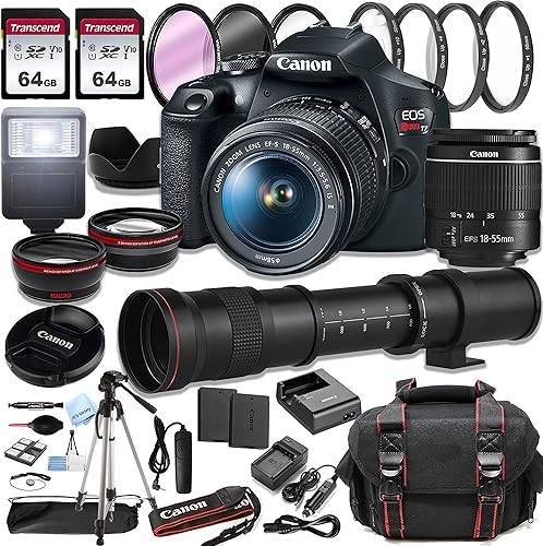 Canon EOS Rebel T7 - Cámara DSLR con lente EF-S de 0.709-2.165 in F3.5-5.6 de zoom + superteleobjetivo de 16.535-31.496 in + memoria de 128 GB +