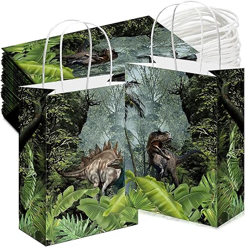 Sinmoe 24 bolsas de recuerdo de fiesta de dinosaurios con asas, bolsas de papel de regalo de dinosaurio verde con temática de dinosaurios jurásicos,