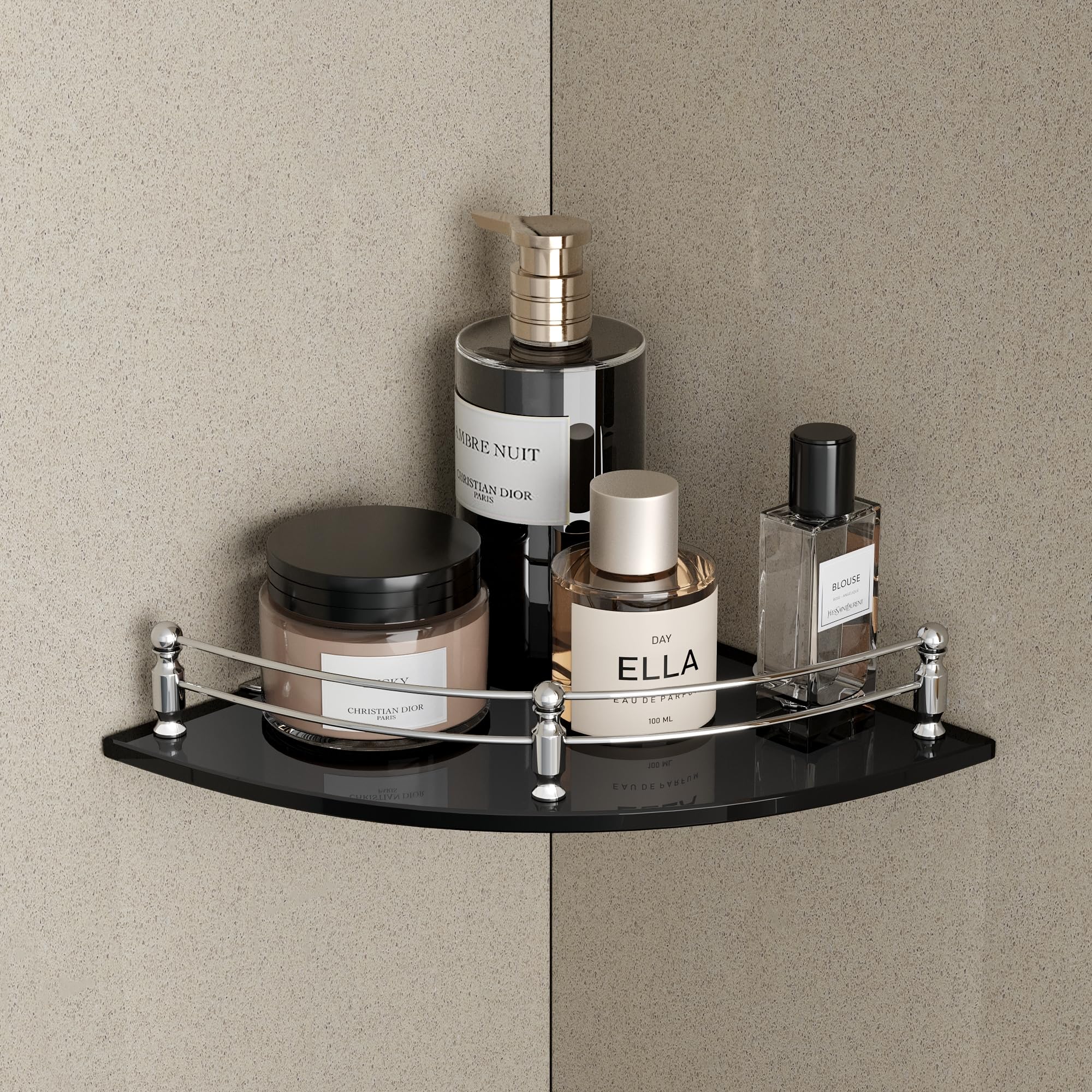 USF Bath Accessories Elegant 8mm Glass Bathroom Corner Shelf Wall Mounted | Corner Shelves| Weight Bearing Upto 10 Kg | Bathroom Shelves Accessories Racks (9x9 Inches | Black | Round | Pack of 1)