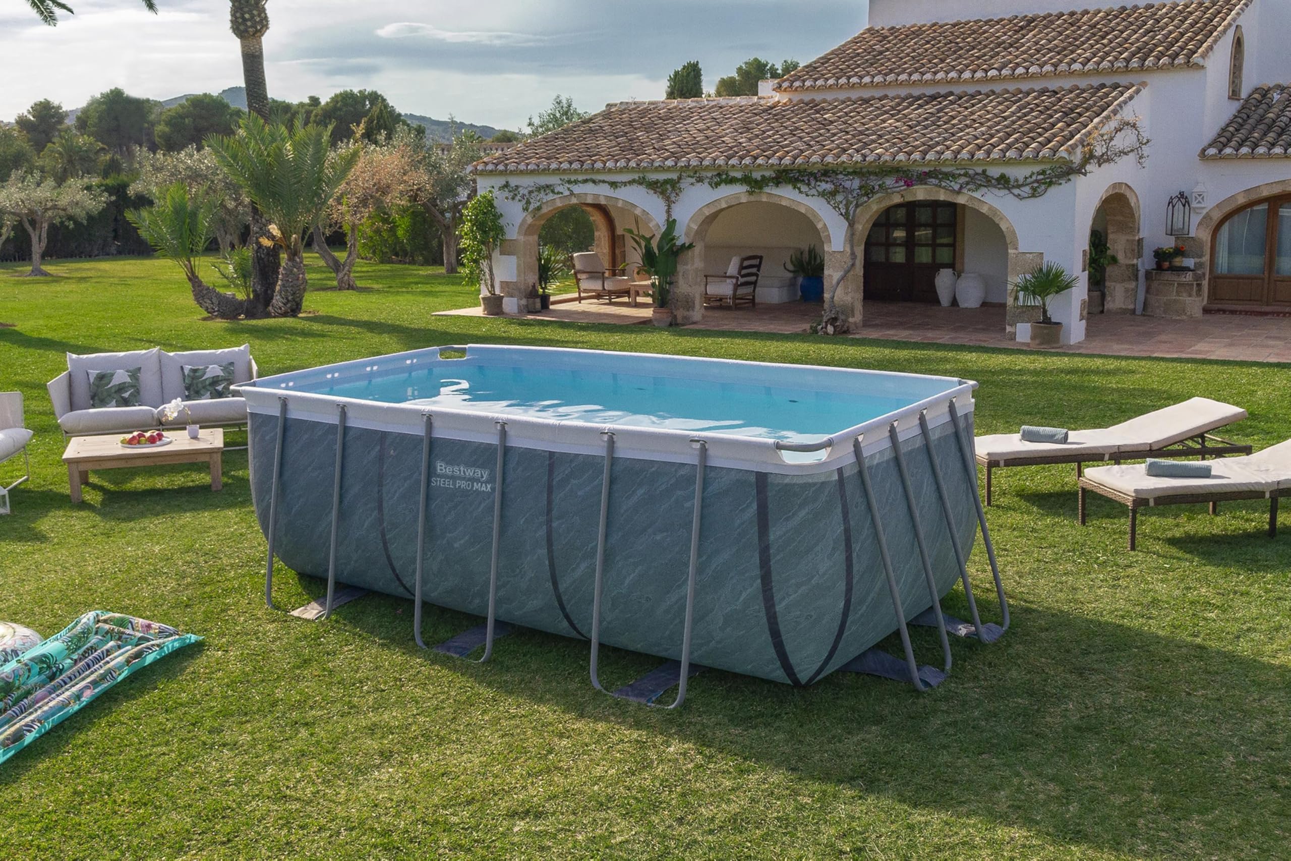 Bestway Power Steel Frame Pool Set mit Filterpumpe 412 x 201 x 122 cm, Marmor-Optik (Schiefergrau), eckig