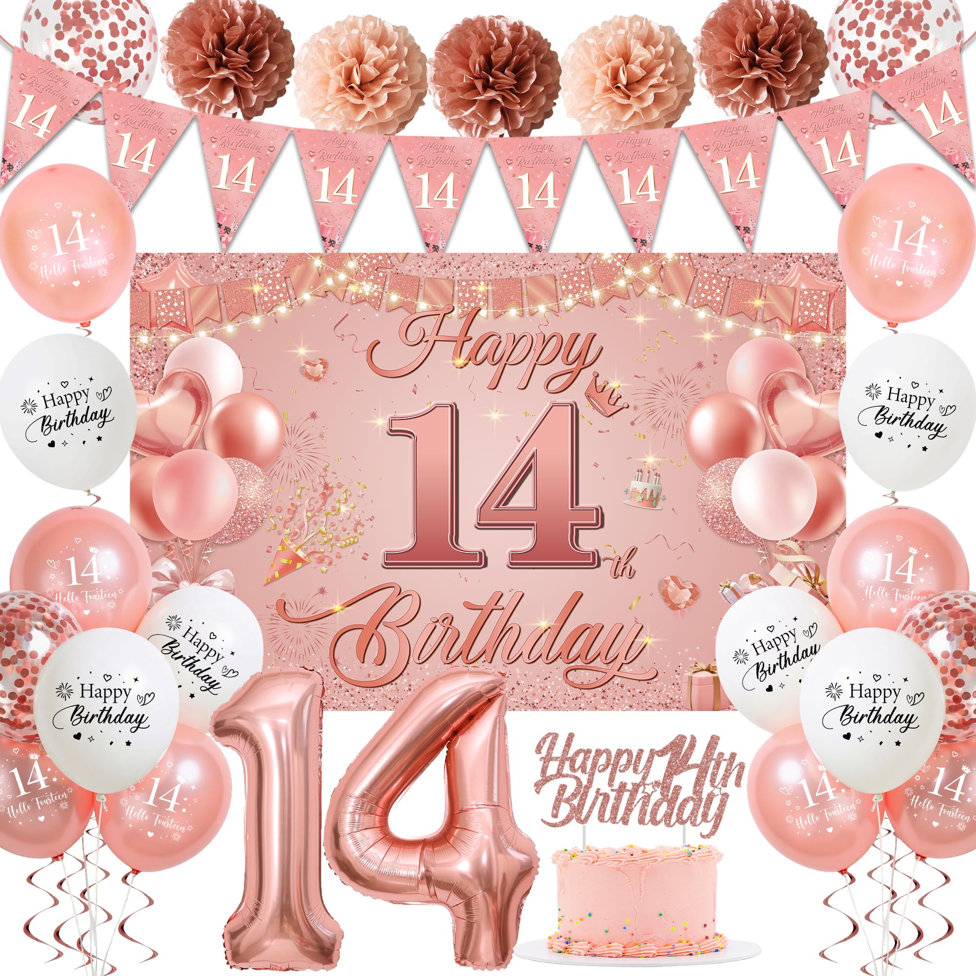 Sroeeshee 14th Birthday Decorations for Girls - Pink Rose Gold 44Pcs 14th Bday Balloon Backdrop Set with Pennant Banner Number 1 Balloons, Photo Backdrop Pom Poms Cake Topper for 14 Year Old Party