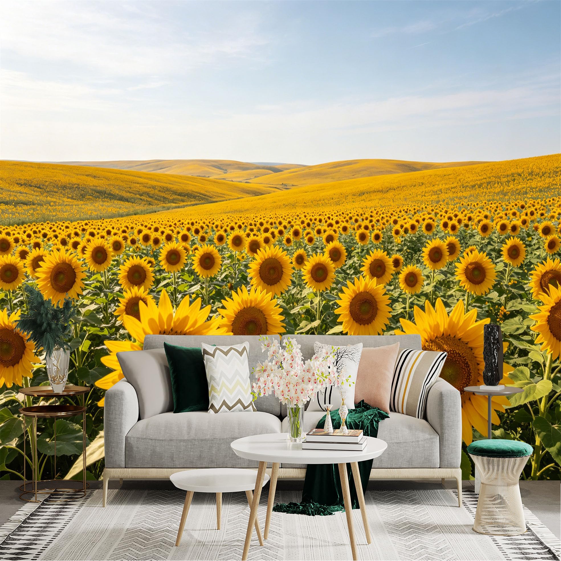 Lnzczhyre Dbh260521858 Custom Size Wall Sticker Mural， Vibrant Sunflower Field Under Blue Sky， Sunny Meadow Landscape， For Wall Decoration， Peelandstick Wall Decals.