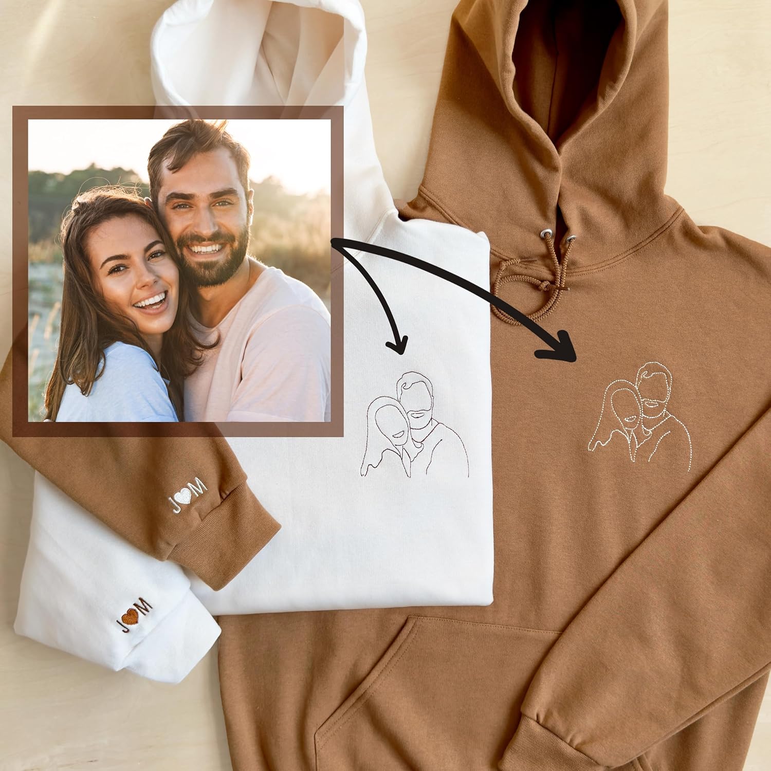 WEAR PHYSIQUE Photo Stitch Embroidered Shirt, Personalized Picture and Initial Sweatshirt, Couples Gift, Wedding, Proposal Photo, Boyfriend Girlfriend Hoodie, Engagements and Anniversaries Brown - Image 7