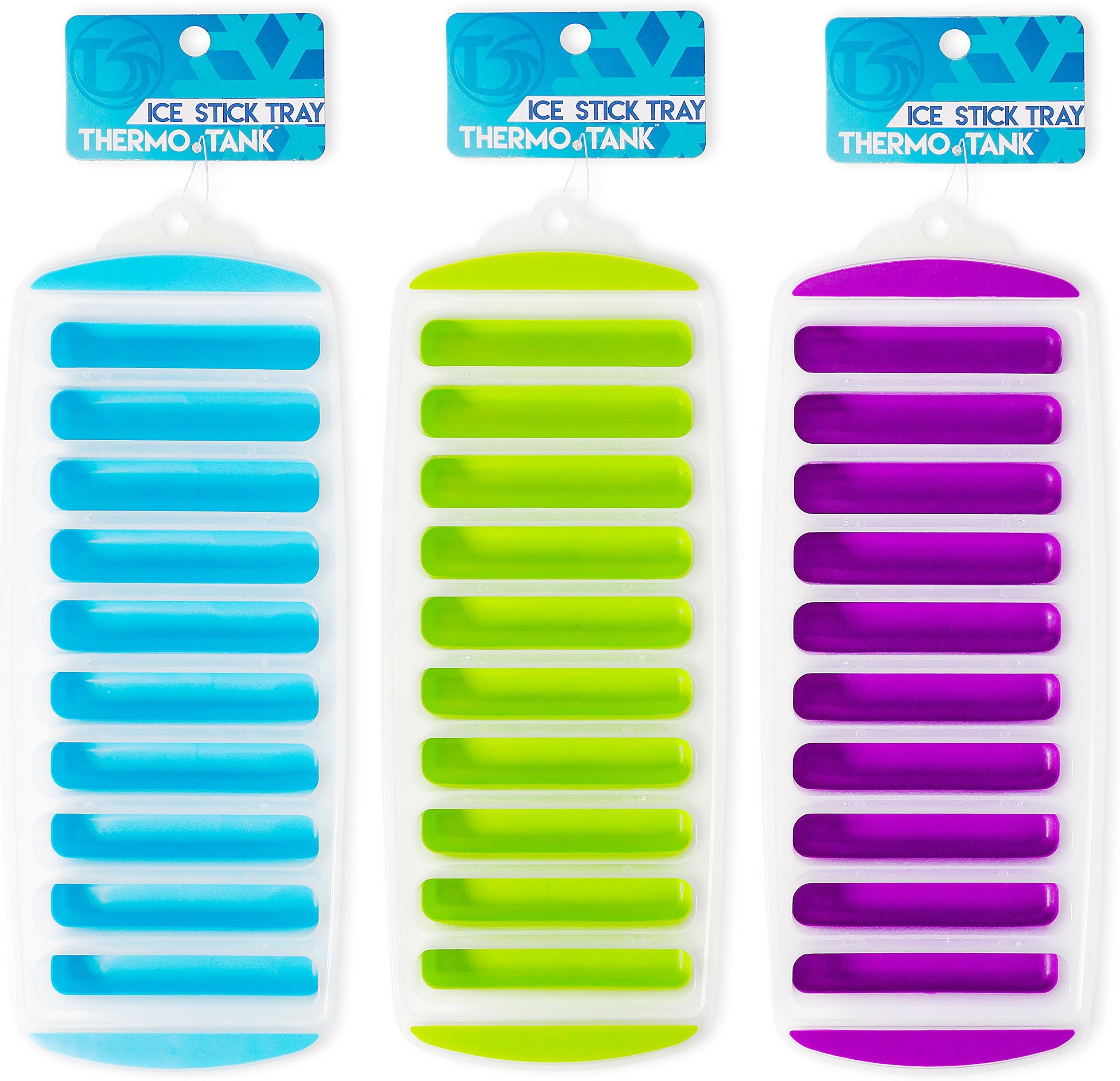 Thermo Tank Ice Stick Tray - Easy Ice Cube Trays for Water Bottles - Set of 3 Trays, 10 Sticks (3, Mint Blue, Lime Green, Purple)